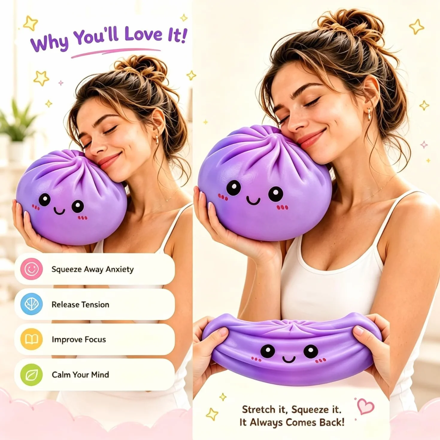 Dumpling Squishy Gigante, 25 CM Jumbo Extra Large Big Dumpling Palla Antistress con Scatola per Cottura a Vapore, Originale mistero carino morbido sensoriale per alleviare l'ansia (lilla, 15 CM)