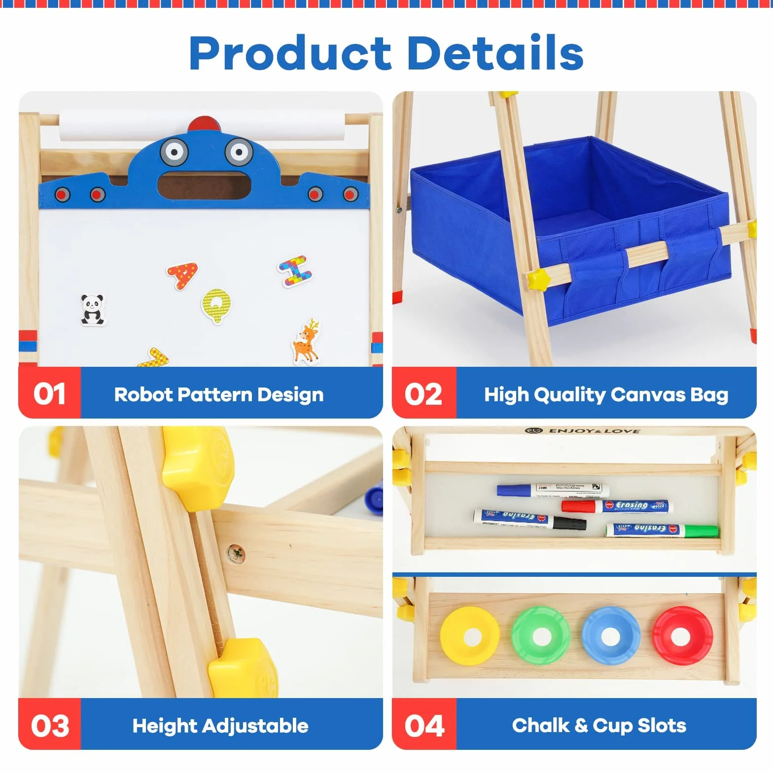 Lavagna da gioco per bambini in legno, cavalletto 3 in 1, regolabile in altezza con rotolo di carta, lavagna, adesivi per cartoni animati e 4 ciotole per colorare ricchi accessori (forma robotica)