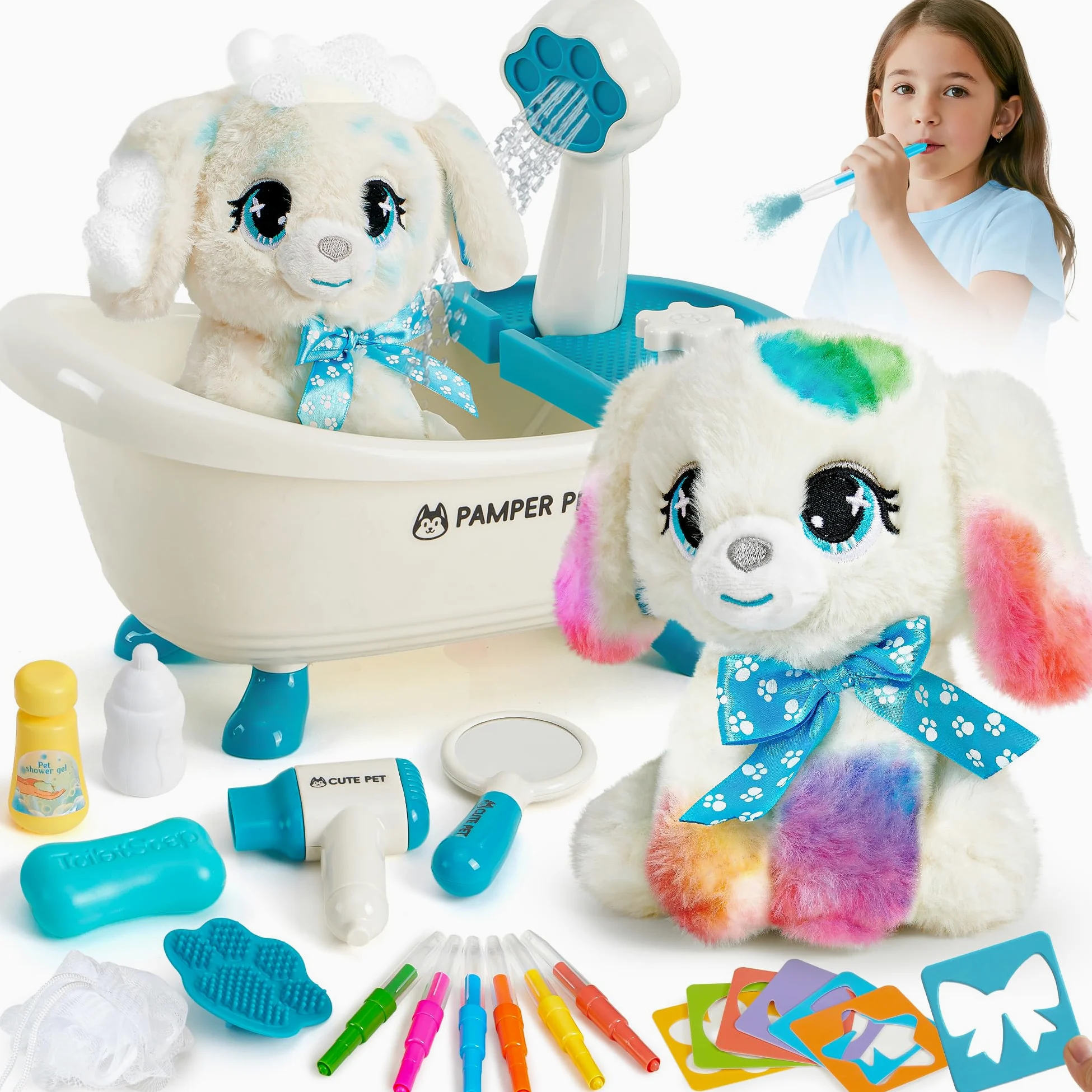 Toylink Cane Giocattolo Bambina, Peluche Cane con Vasca da Bagno a Spruzzo e Penne Lavabili, Regali Compleanno Bambina, Giocattoli Creativi per Bambini 4 5 6 7 8 Anni per Natale