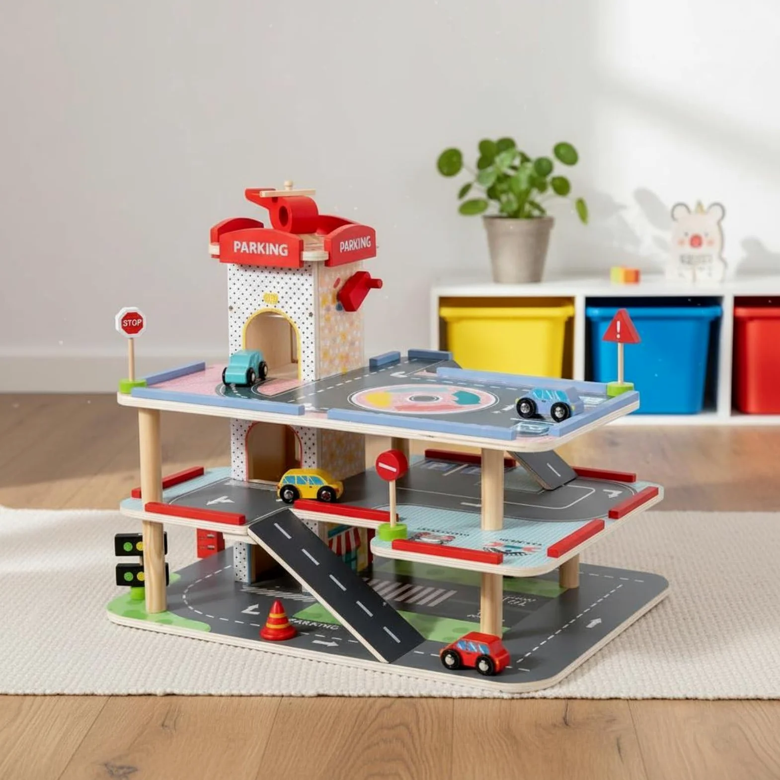 Parcheggio Giocattolo Bambini Garage Veicoli Legno Accessori Rampa Tridimensionale Helicopter Adatto per Gioco di Fantasia Sviluppo delle Abilità Manuali Regalo Arredamento Casa