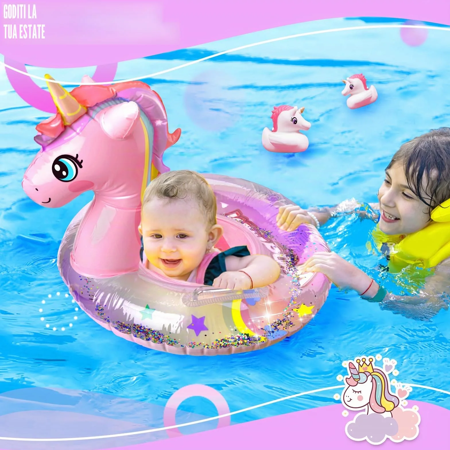 Salvagente Gonfiabile per bambini, Salvagente Gonfiabile Unicorno con Doppio Manico, Galleggiante Gonfiabile del Bambino Seggiolino Dell'anello di Nuoto del