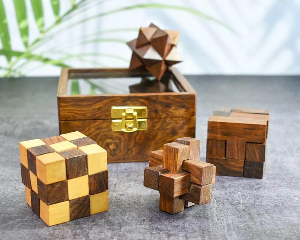 Ajuny Set di Giochi di Puzzle in Legno - Rompicapo 3D Impegnativi per Adolescenti e Adulti con Scatola Portaoggetti Decorativa per Test del QI Regali di Gioco Fatti a mano