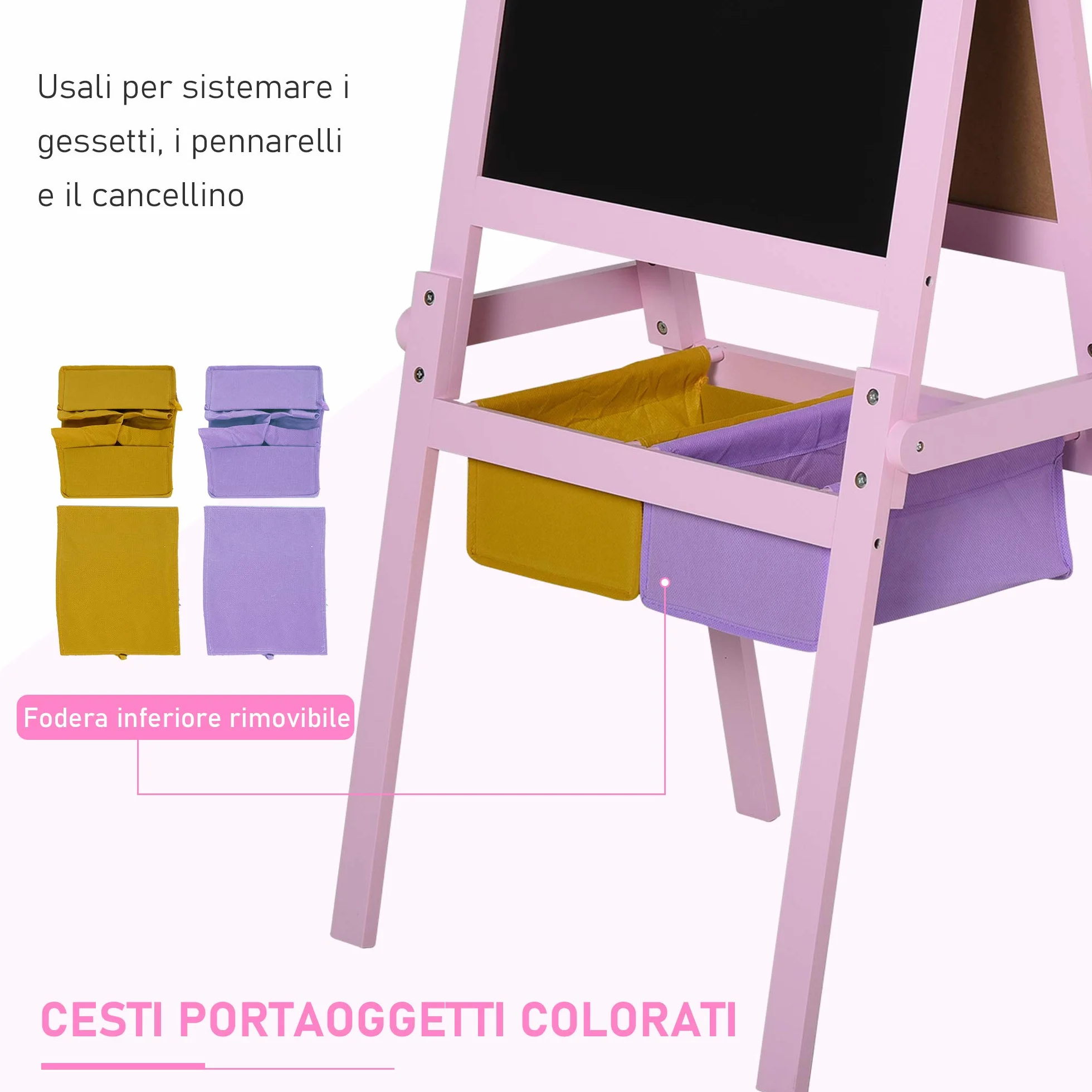 HOMCOM Lavagnetta per Bambini in Legno Rosa 3 in 1 Cavalletto Lavagna Bianca Nera Rullo Fogli