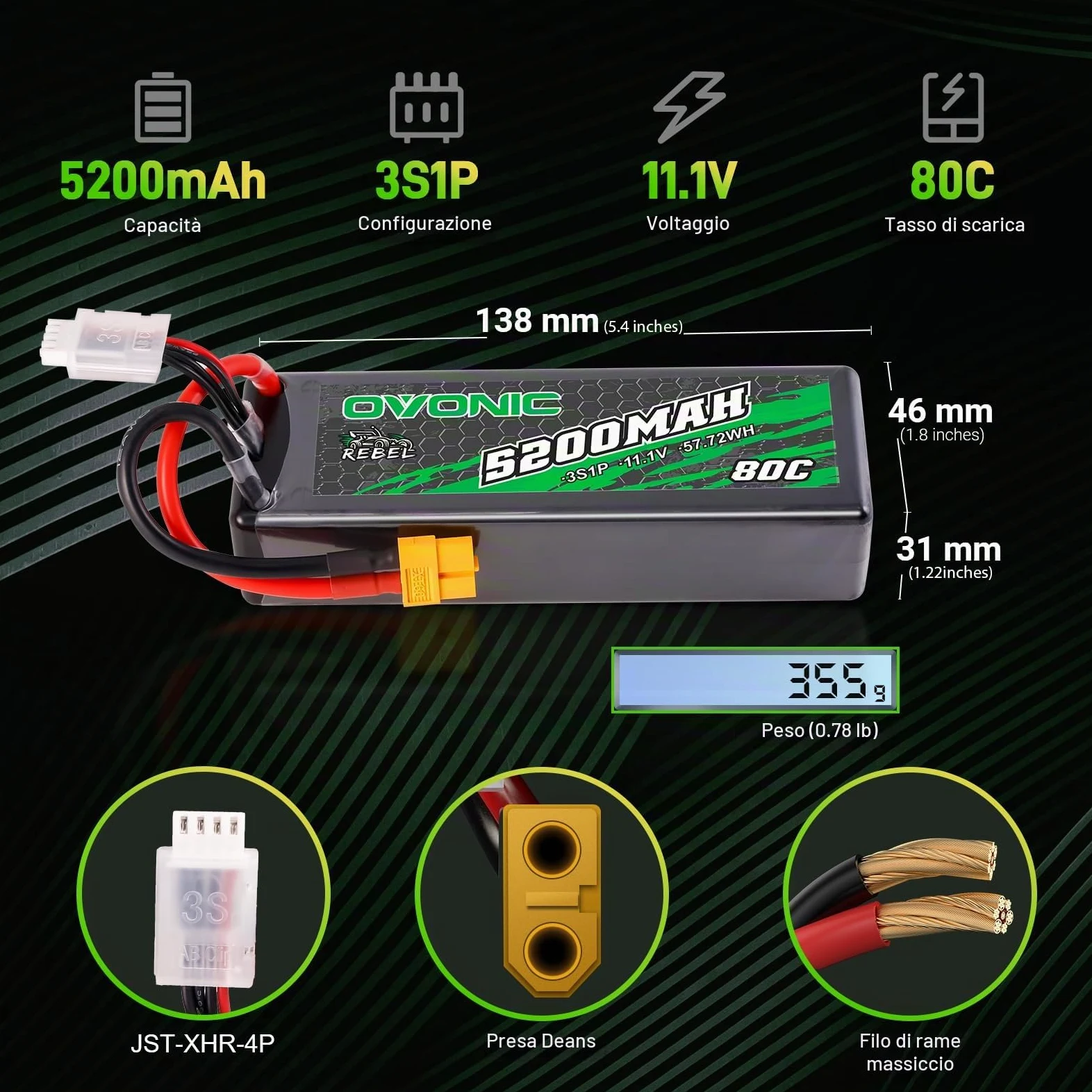 Ovonic - Batteria LiPo 3S 11,1 V 5200 mAh 80 C con connettore XT60 - Custodia rigida per RC Car Monster Truck RC Truggy Buggy RC Truck Hobby (2 pezzi)
