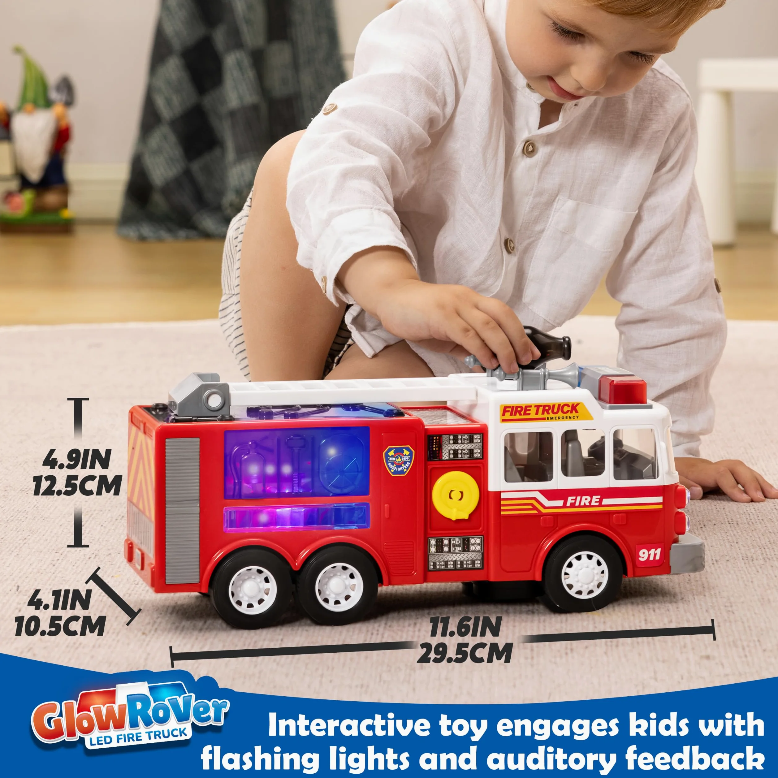 JOYIN Camion dei pompieri a LED, giocattolo per bambini, proiezioni a LED e sirene, camion dei pompieri con interruttore di modalità e controllo del volume, giocattolo per ragazzi e ragazze