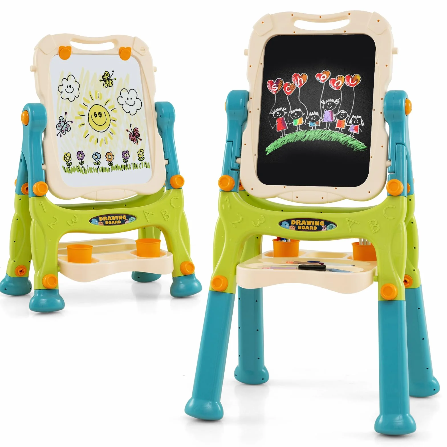 COSTWAY Cavalletto per Bambini Lavagna Magnetica a Doppia Faccia Regolabile in Altezza Tavolo da Disegno Staccabile con Manico Portatile 2 Tazze 3 Anni+