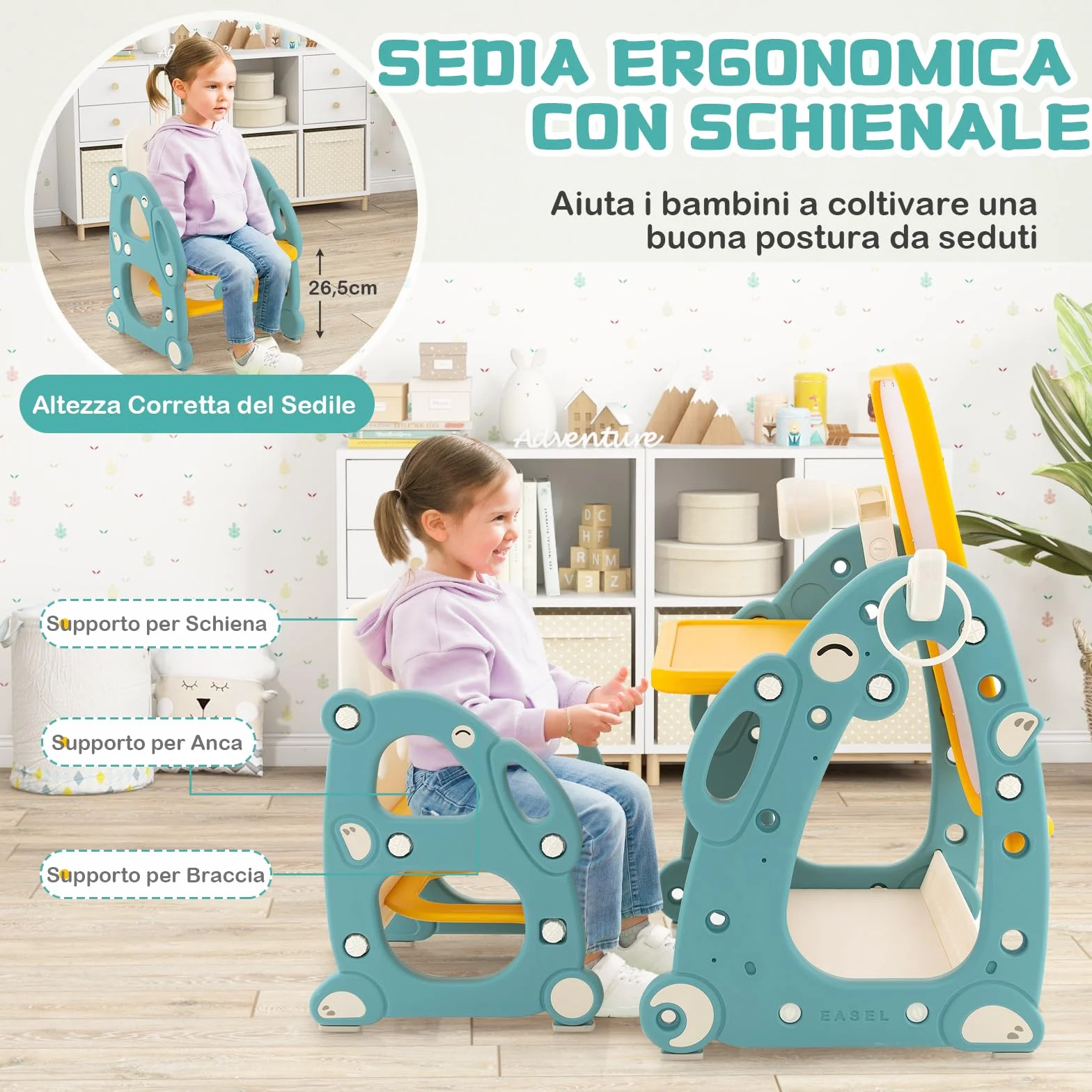GYMAX Tavolozza Artistica 4 in 1 per Bambini con Sedia, Set Tavolo e Sedia per Disegno con Lavagna Magnetica Regolabile