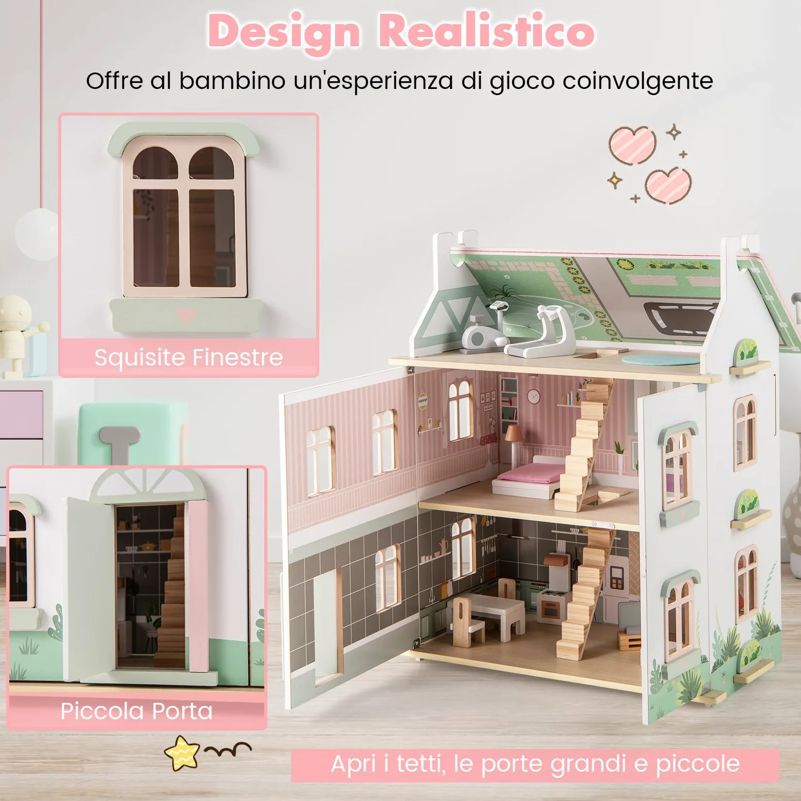 COSTWAY Casa delle Bambole in Legno, Casetta delle Bambole a 3 Piani con Tetti Rimovibili, Porte Apribili, Finestre Squisite 5 Stanze e 19 Accessori, Regalo per Bambini 3+ Anni