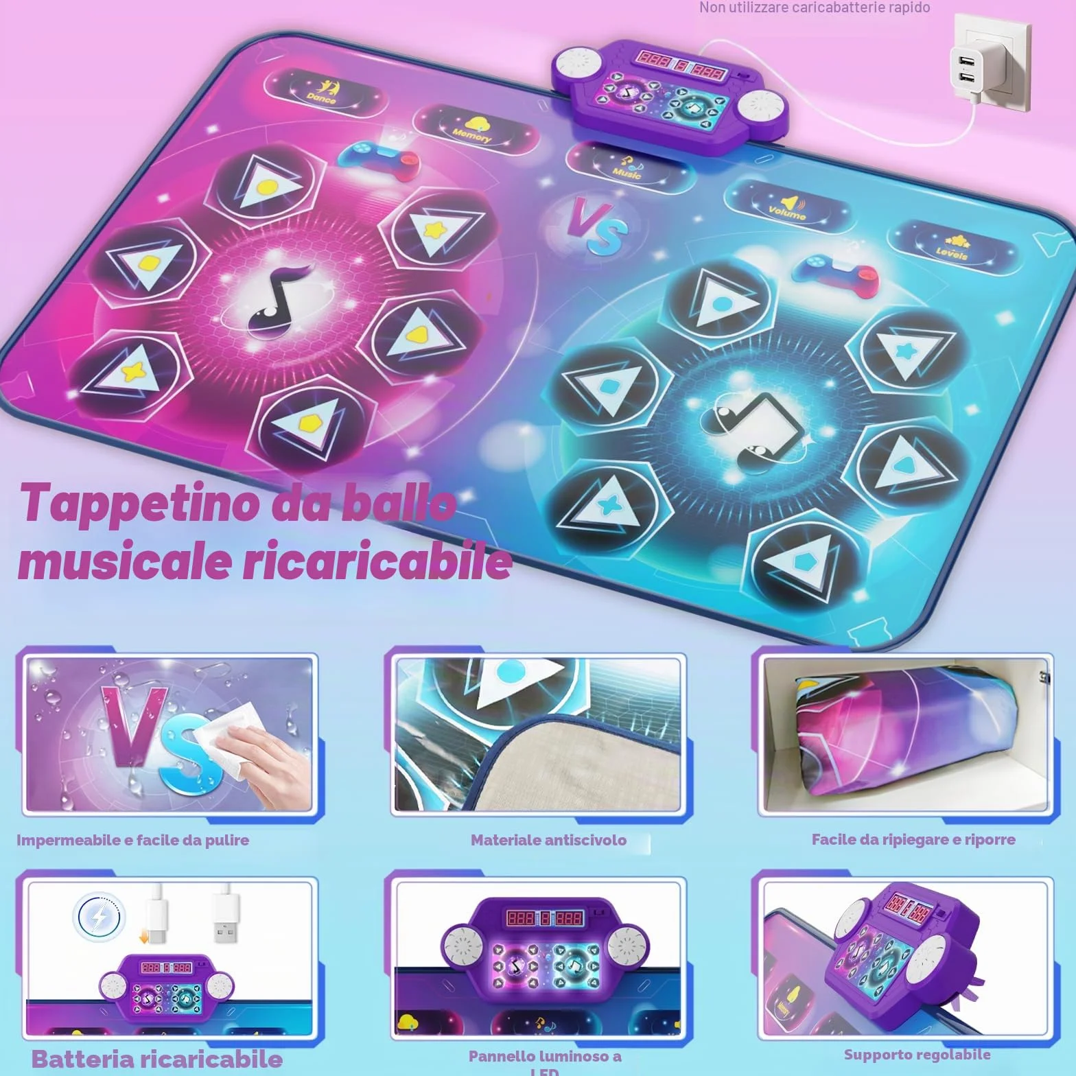 Tappetino da Ballo Ricaricabile Doppio Giocatore Extra Large 150x97 cm LED