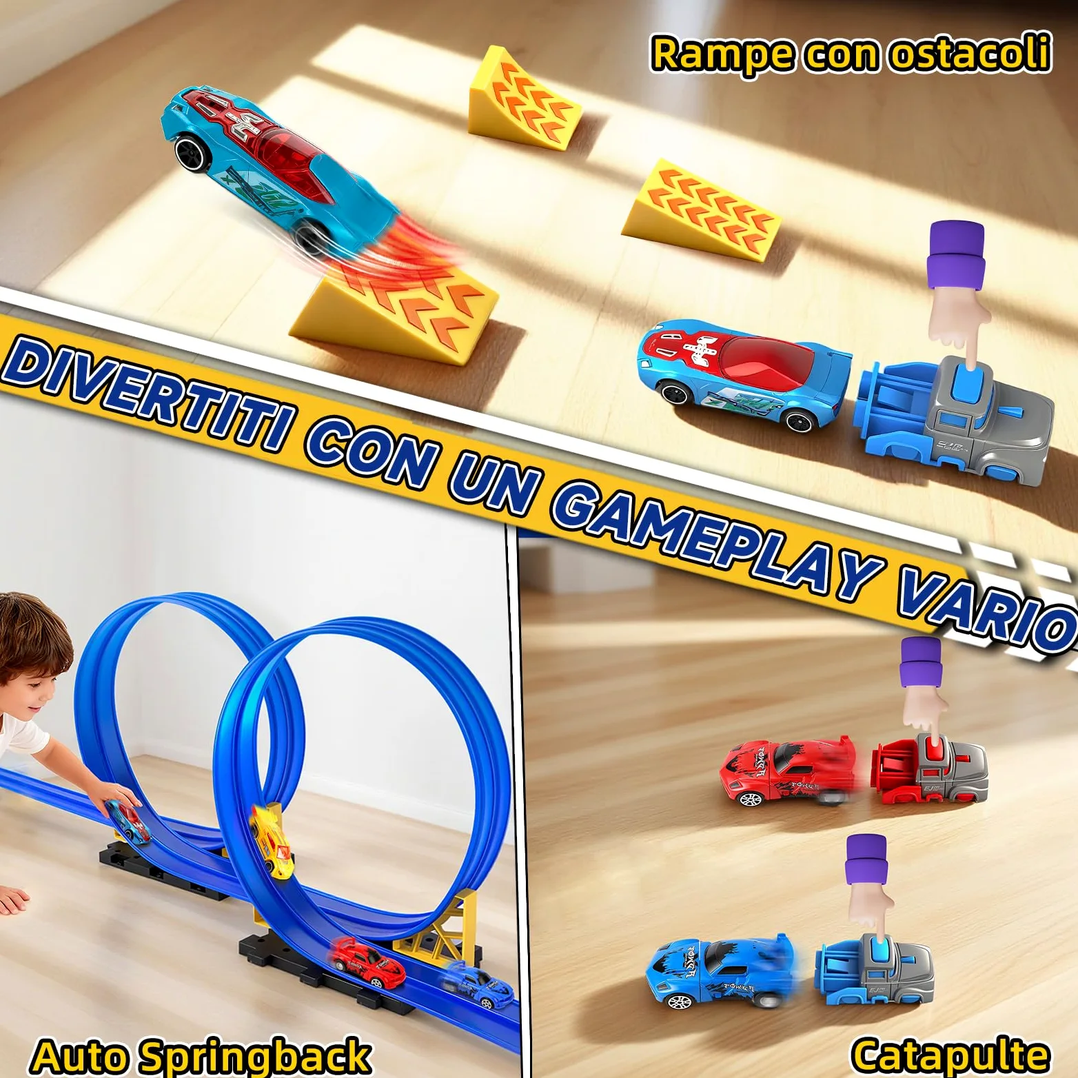 Charmofun Pista Macchinine Flessibile 5M, Giocattolo Piste da Corsa con 4 Auto, Borsa con 4 auto, 2 lanciatori, 8 rampe triangolari e 8 ventose, Portatile Pista per Bambini 3+ Anni (Blu)