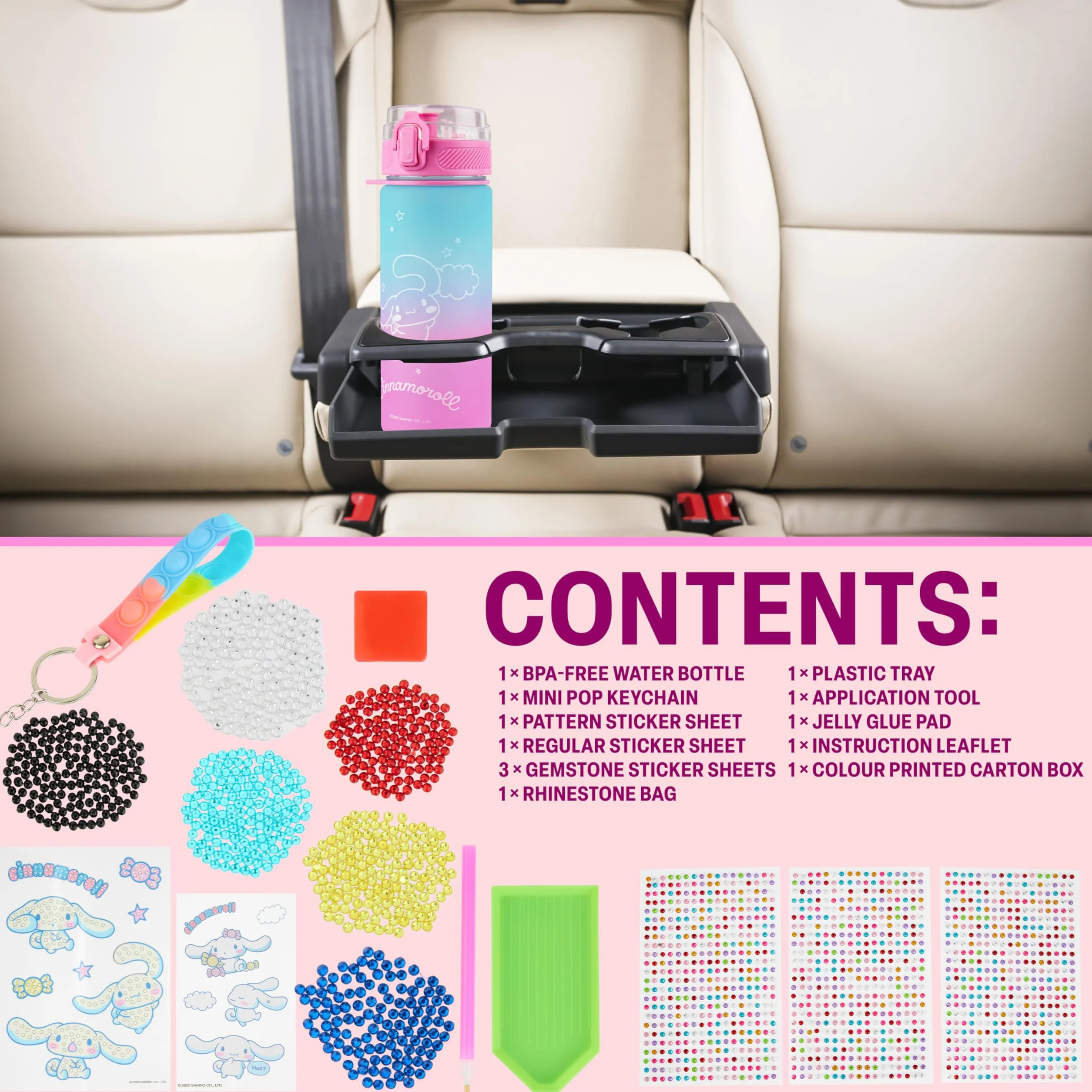Get Trend Hello Kitty Sanrio Cinnamoroll Kit Creativo Bambina DIY Borraccia da Decorare Bambina, 550ml Senza BPA Tappo Ribaltabile a Prova di Perdite, Gemme Artigianali (Multi Cinamonroll)