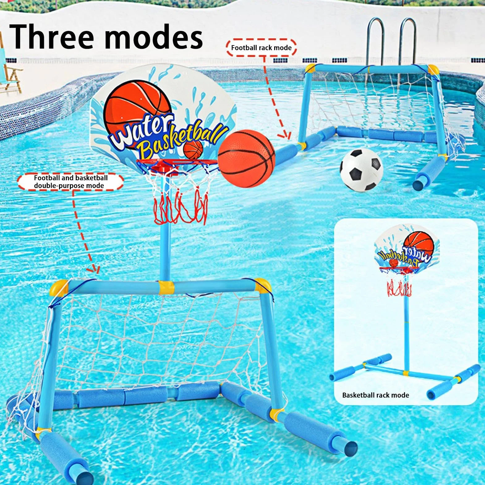 Generico Canestro da Basket per Piscina - Porta da Calcio Galleggiante in Acqua 2 in 1 | Giocattolo Acquatico interattivo con 2 Palline e Pompa | per Bambini 4 Anni ín su, Adulti, Famiglia, Piscina
