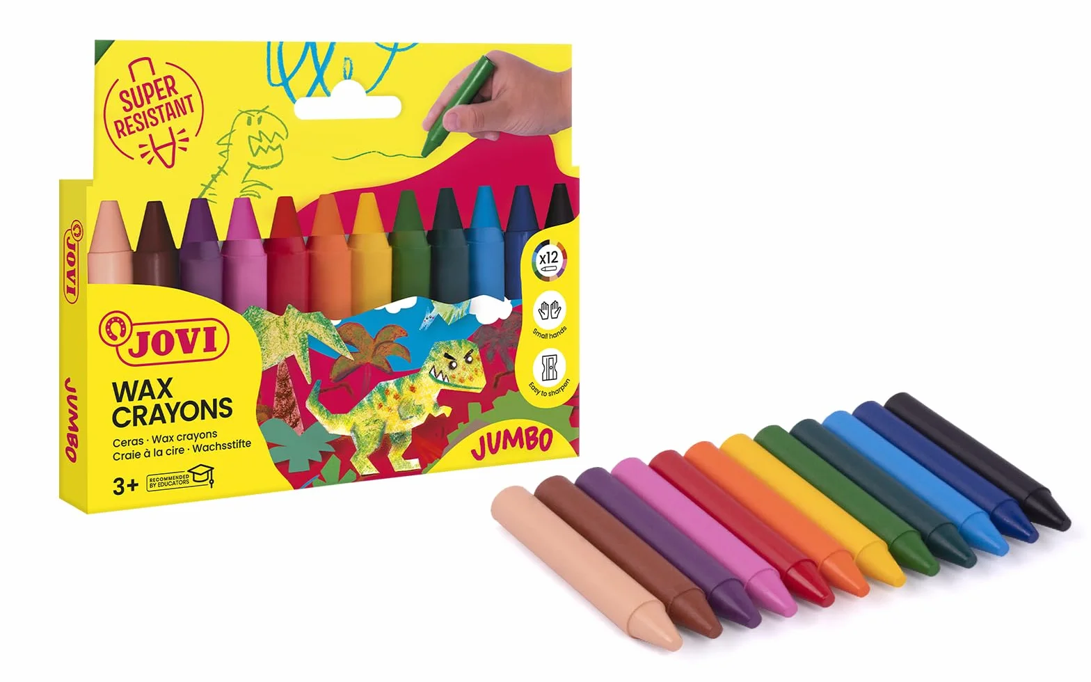 Jovi - Pastelli a cera Rotondi, Confezione da 12 Cere, Colori Assortiti, Tratto liscio e uniforme, Resistenti e ad alte prestazioni, Senza Glutine