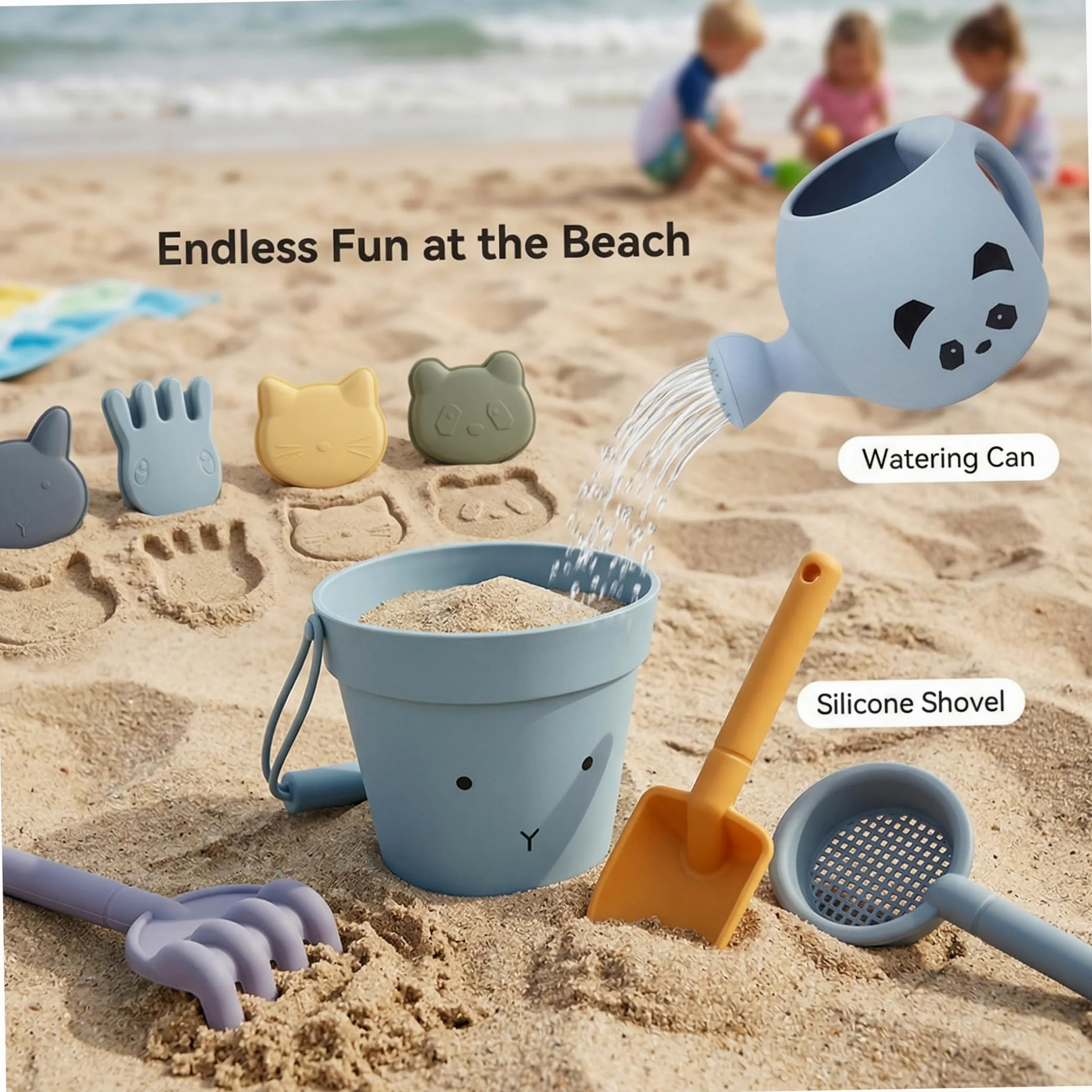 Set di giocattoli di sabbia in silicone Set di 9 pezzi di giocattoli da spiaggia di design di coniglio per bambini Kit di giochi d'acqua con sabbia interattivi per i genitori Divertimento all'apert