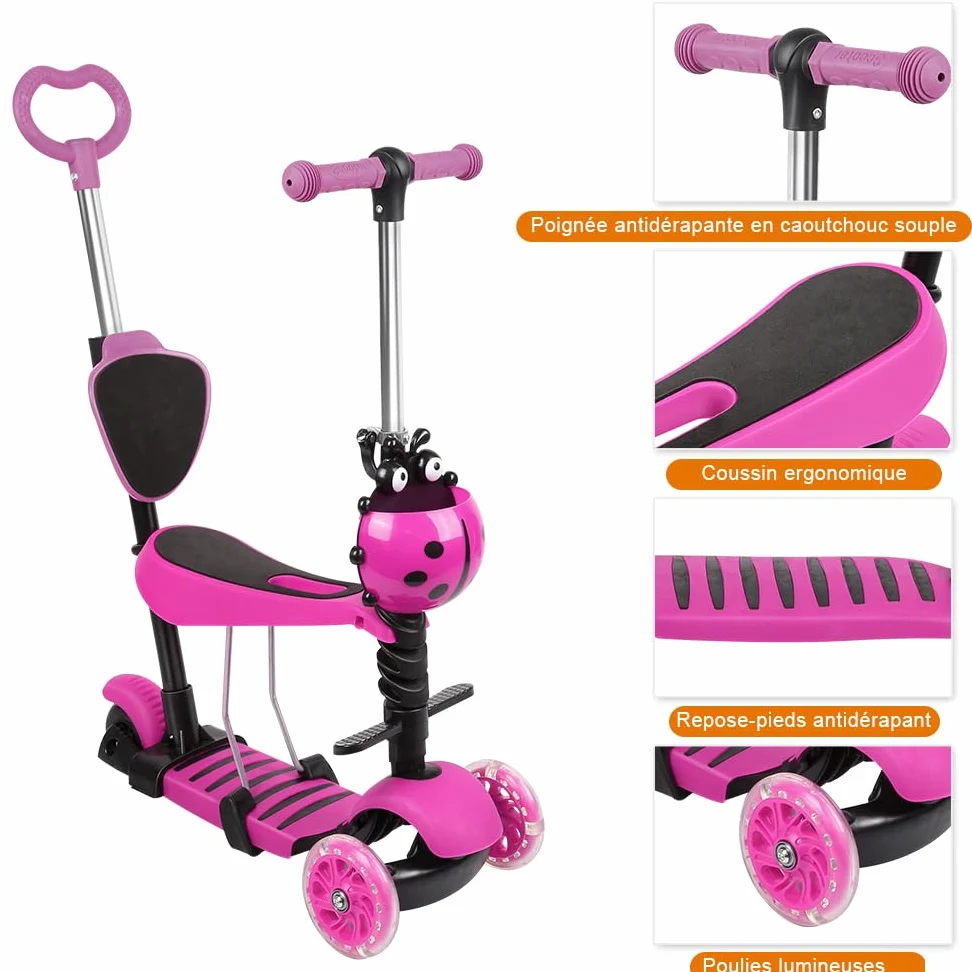 Monopattino per bambini 5 in 1 a partire dai 2 anni fino a 50 kg, con sedile pieghevole e ruote LED, regolabile in altezza, pieghevole, triciciclo scooter per bambini e bambine