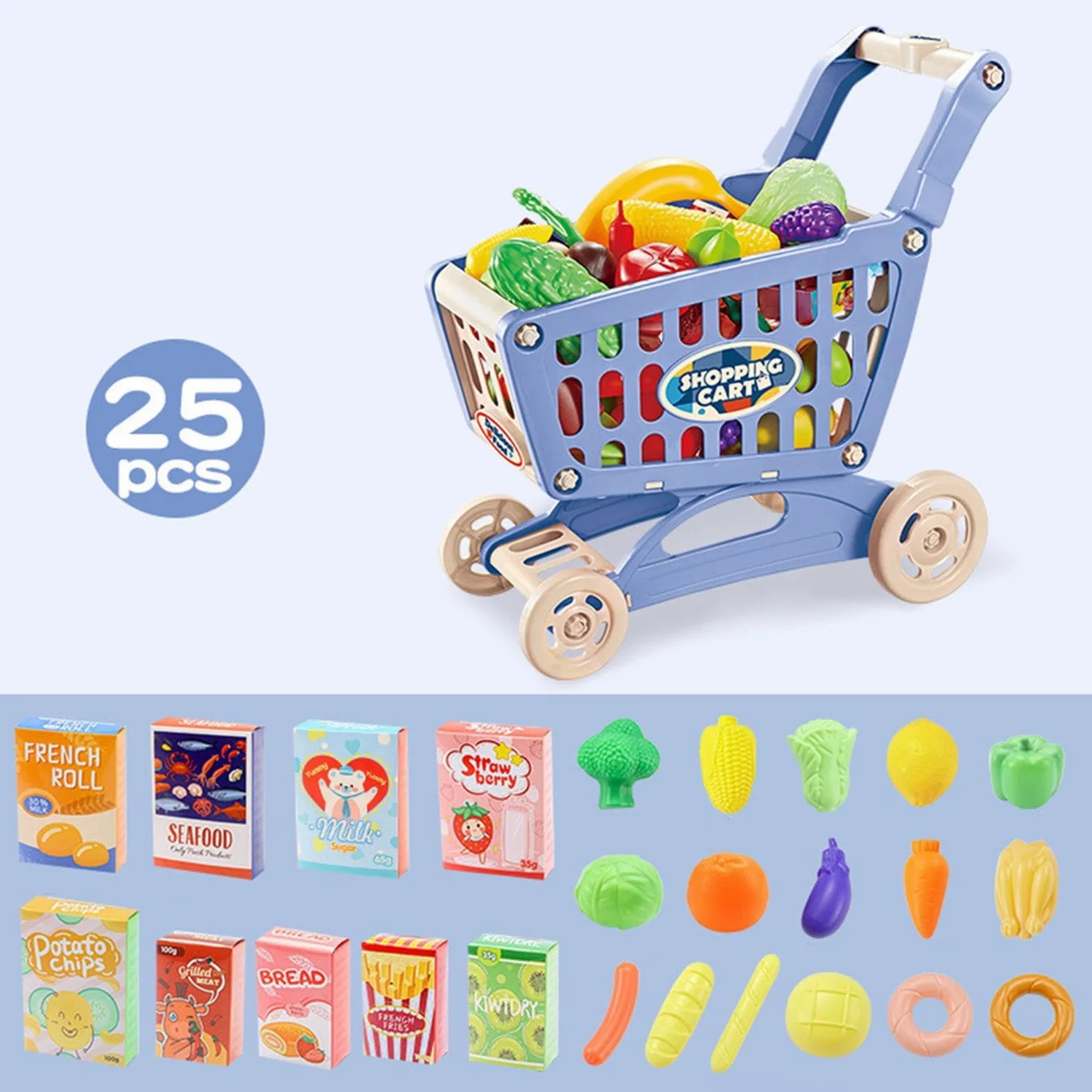 Set di Gioco con Carrello, Carrello della Spesa Giocattolo, Grande capacità con Accessori Alimentari, Mano da Supermercato Giocattolo per a, Blu