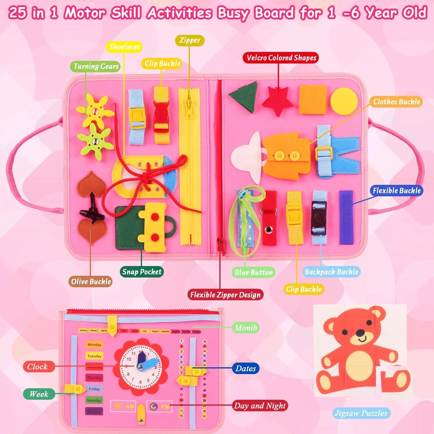 Montessori Busy Board 28x21cm Tavola Sensoriale Educativa per Bambini Rosa