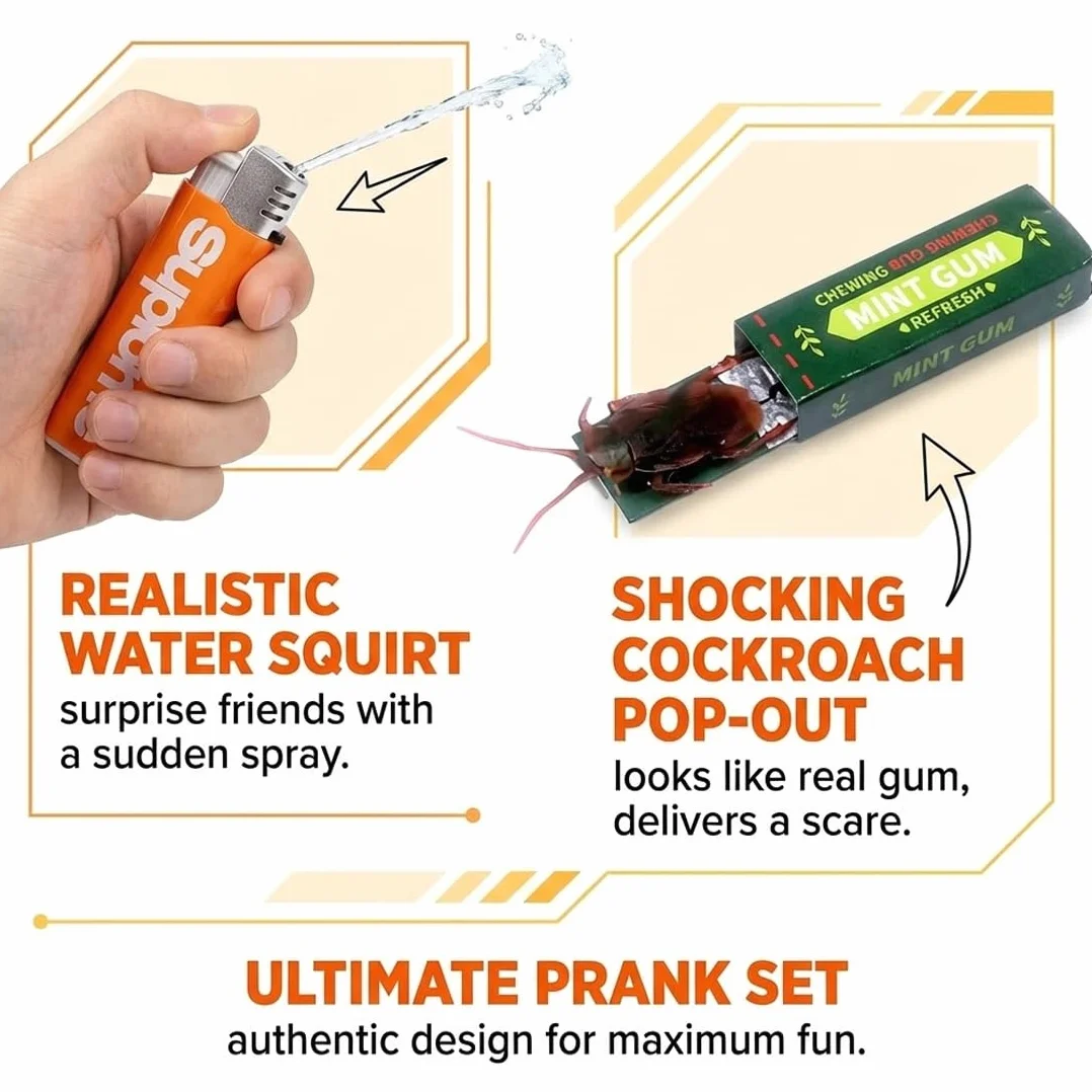 3 Pezzi Set di scherzi, Accendino a Pistola ad Acqua And Gomma da Masticare scherzosa, Giocattolo di Scherzo, Pistola a Spruzzo ad Acqua, Scherzi Divertenti, Piccoli Giocattoli