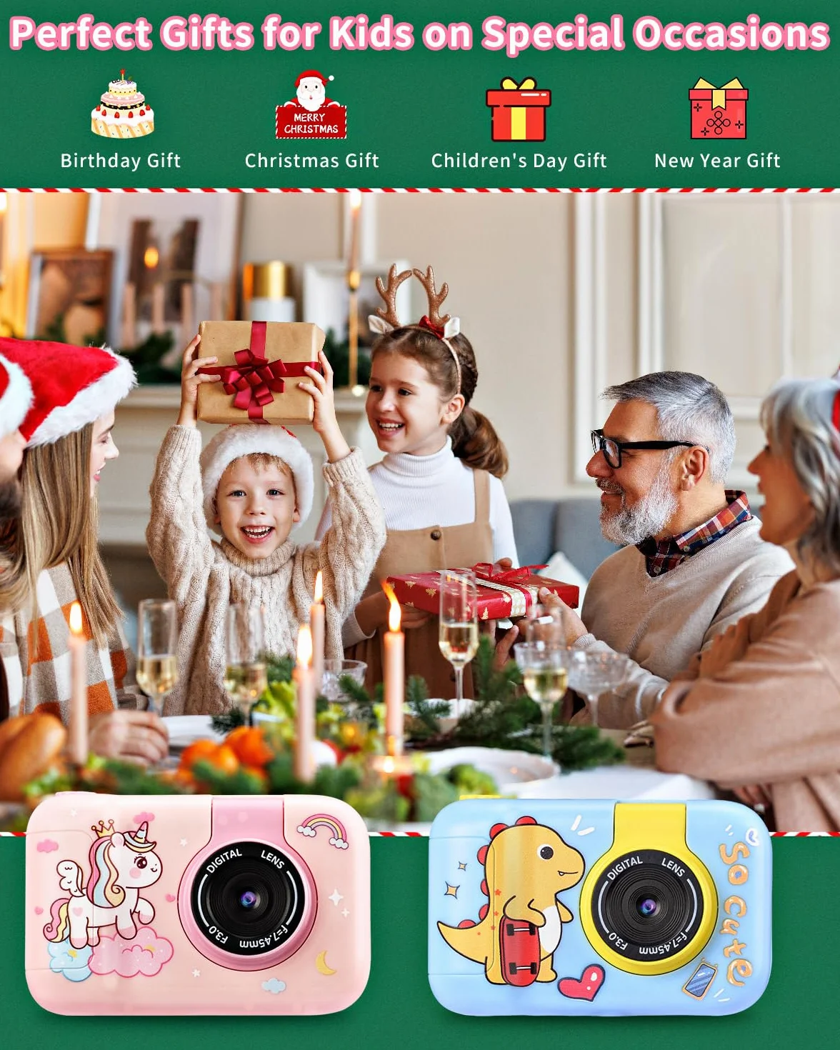 Fotocamera Bambini 1080P Digitale Unicorno Treppiede Display IPS 2.4" Obiettivo Rotante 180° 32GB Regalo Natale Compleanno