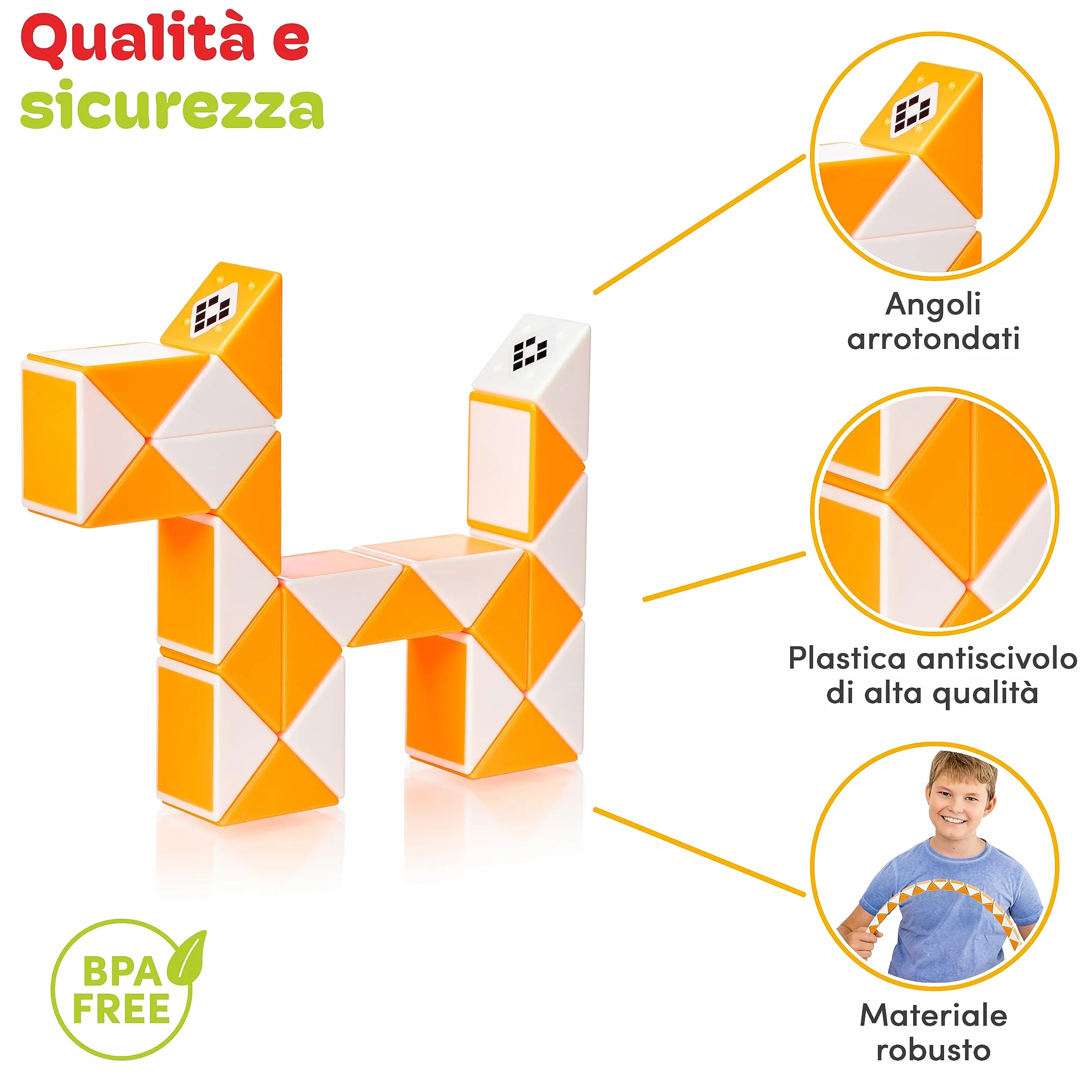 CUBIDI® Serpente Magico Puzzle 24 Blocchi Arancio - Gioco Rompicapo per Bambini e Adulti