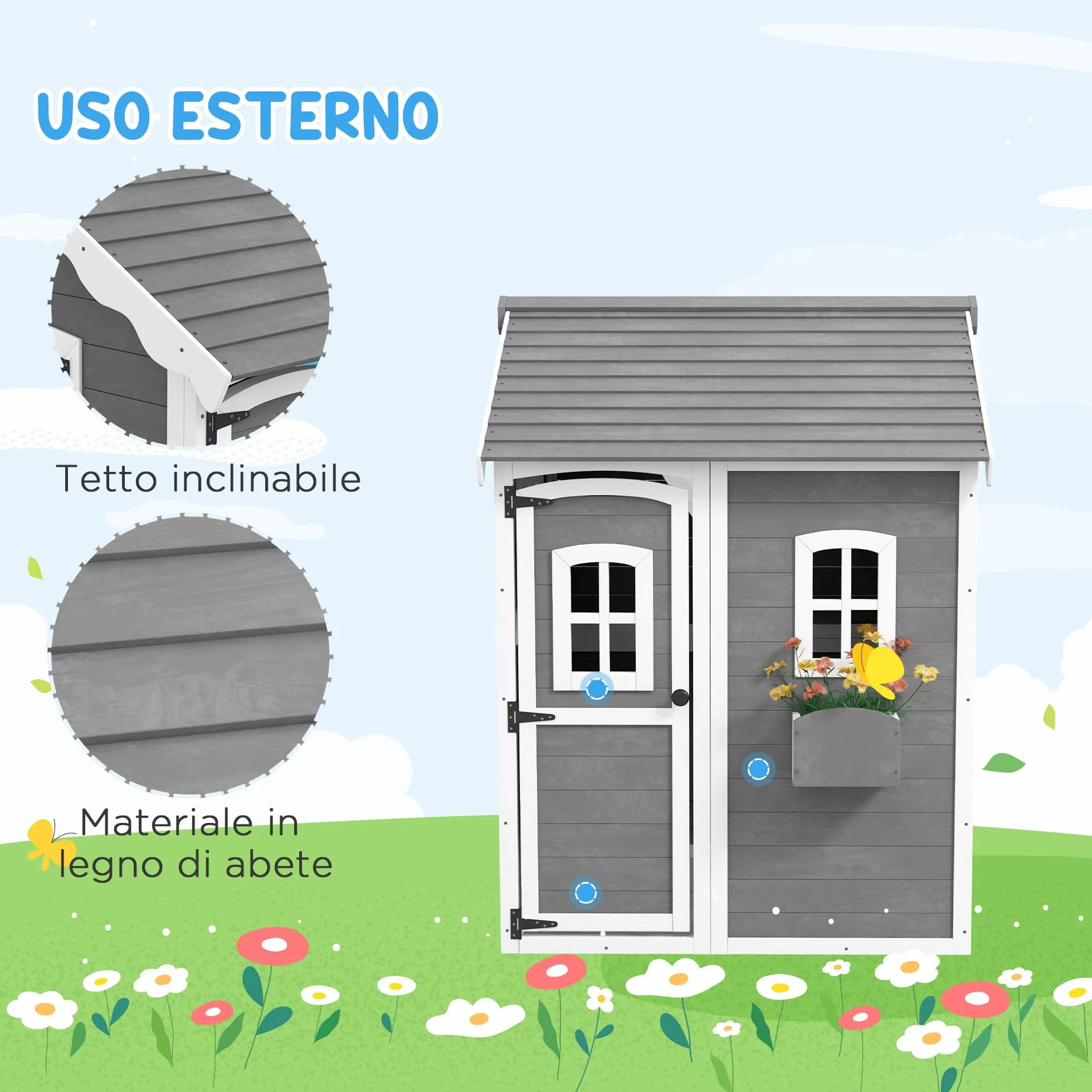 Outsunny Casetta per Bambini 3-8 Anni con 6 Finestre e Fioriera, Casetta da Gioco in Legno di Abete, 104.5x110x137 cm, Grigia