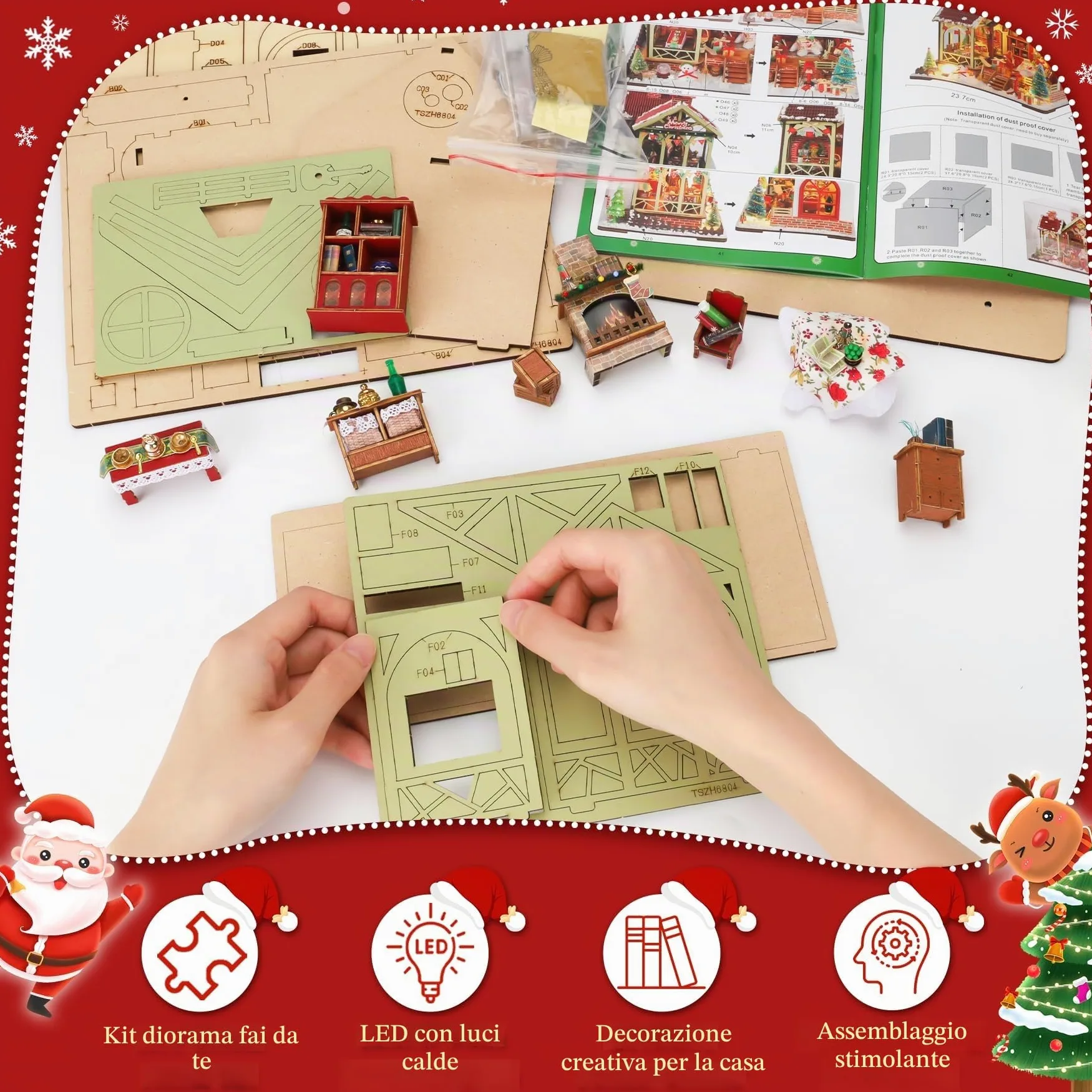 DIY Book Nook Kit, Casa Delle Bambole Fai da te Booknook Kit Casa in Miniature con Luce Led Legno Book Scaffale Inserto Decorazione Regalo Creativo per Adolescent (Natale)