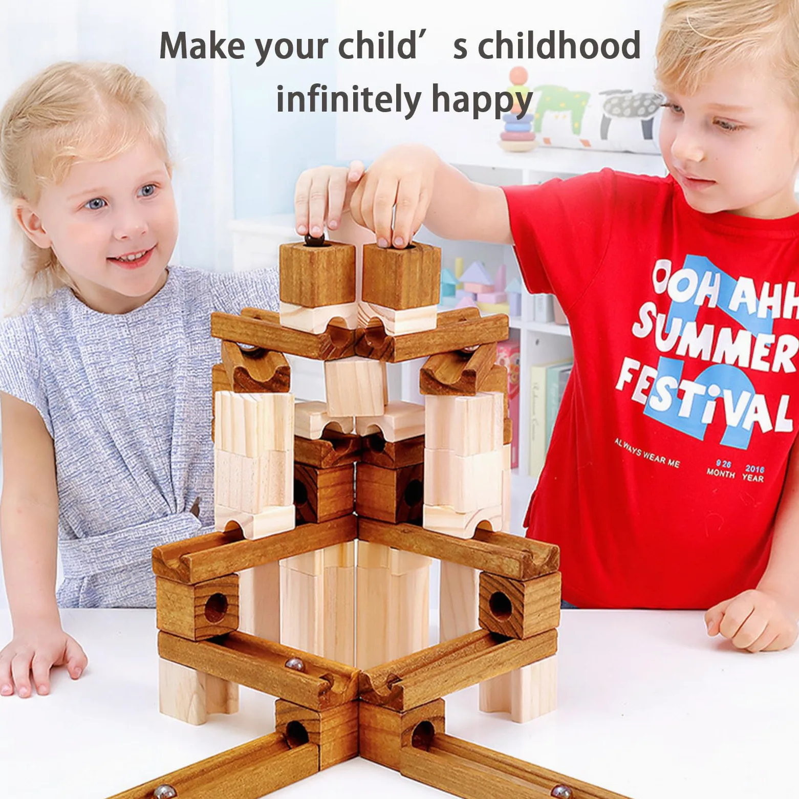 Pista Per Biglie In Legno Di Costruzioni Per STEM | da Costruzione in Legno con 60 Biglie Per Bambini Ragazzi Apprendimento STEM E Natale