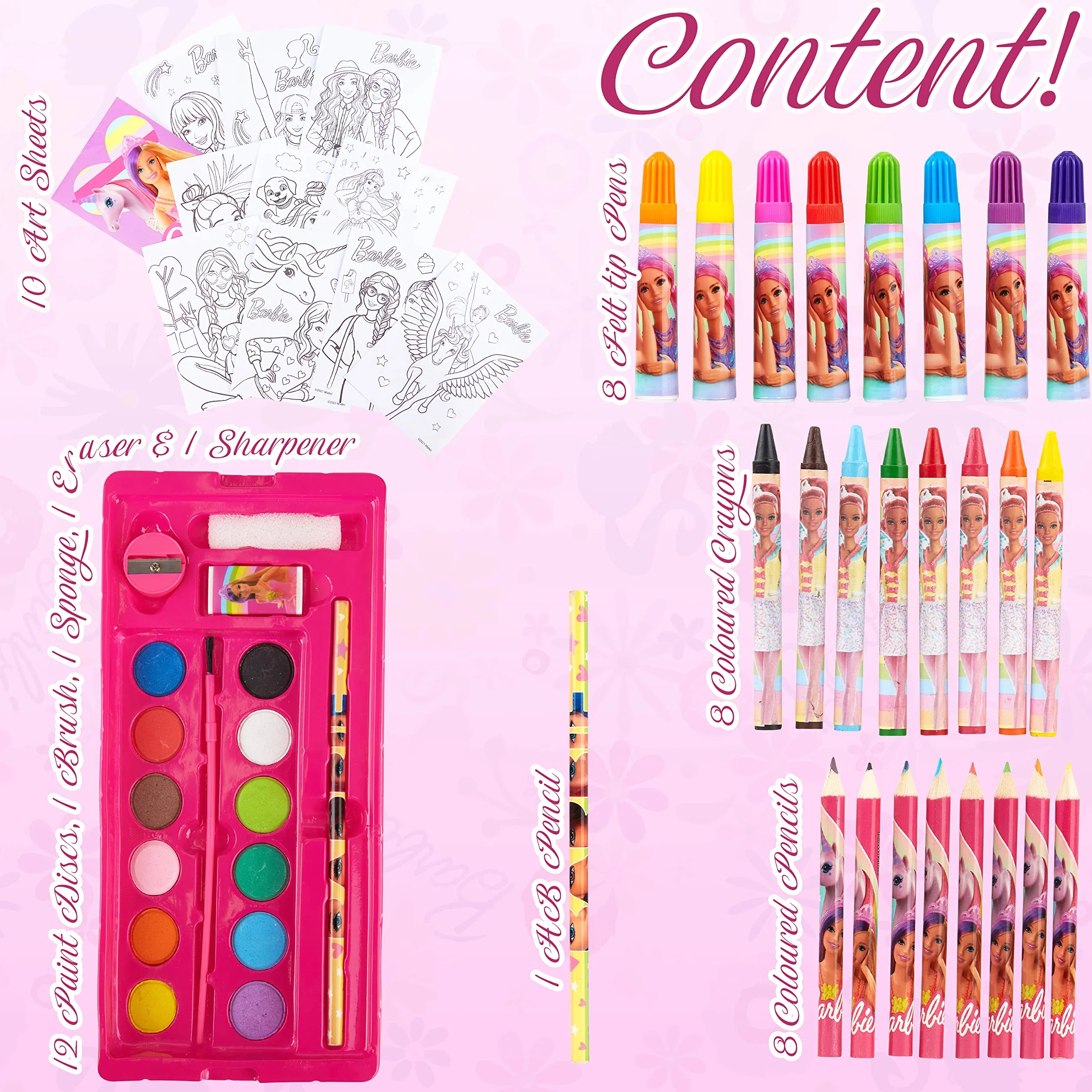Barbie Valigetta Colori da 44 pezzi Kit Disegno e Pittura con Pennarelli Acquerelli Colori a Cera Matite Colorate