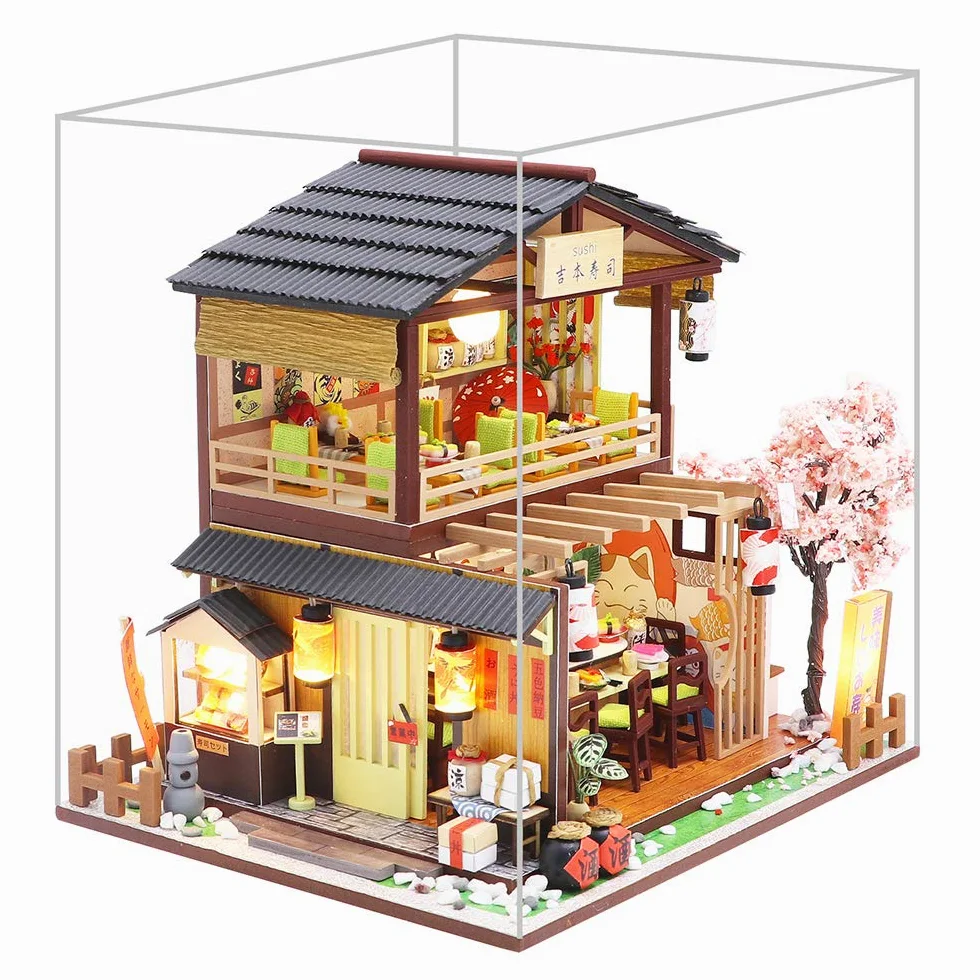Spilay DIY Dollhouse Miniature with Wooden Furniture,Handmade Japanese Style Home Craft Model Mini Kit with Cover&LED,1:24.