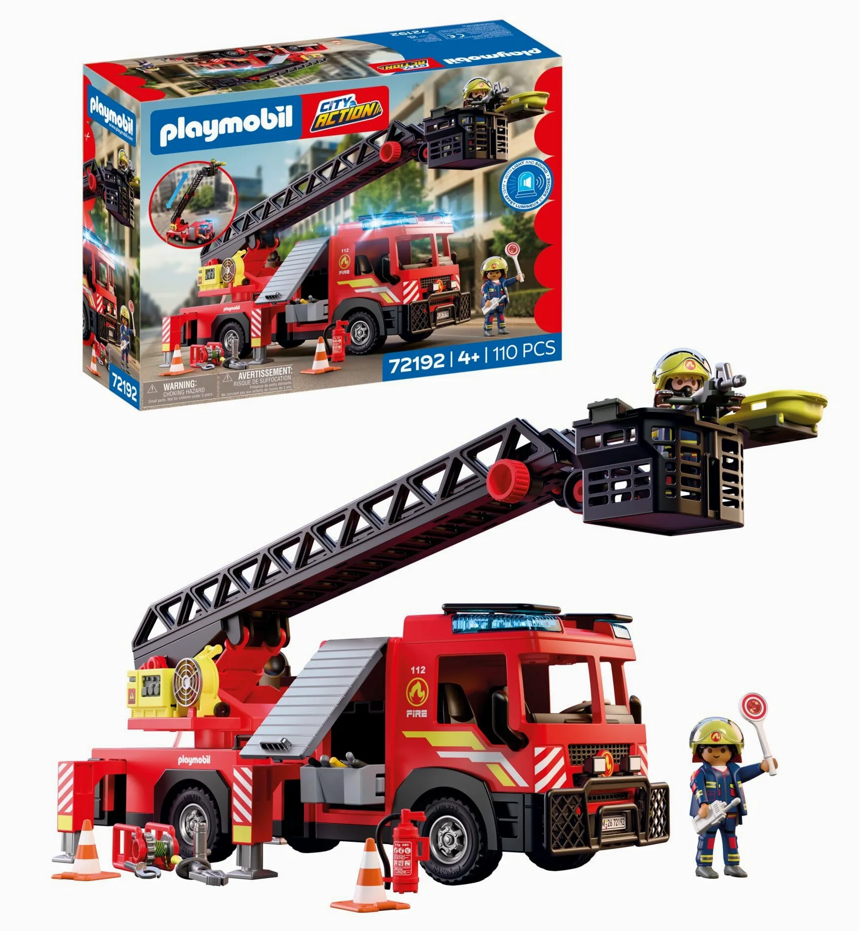 PLAYMOBIL | City Action | Autoscala dei pompieri | Veicolo di intervento con scala da 63 cm, luci e suoni, attrezzature di soccorso e accessori | Per bambini da 4 anni | 72192