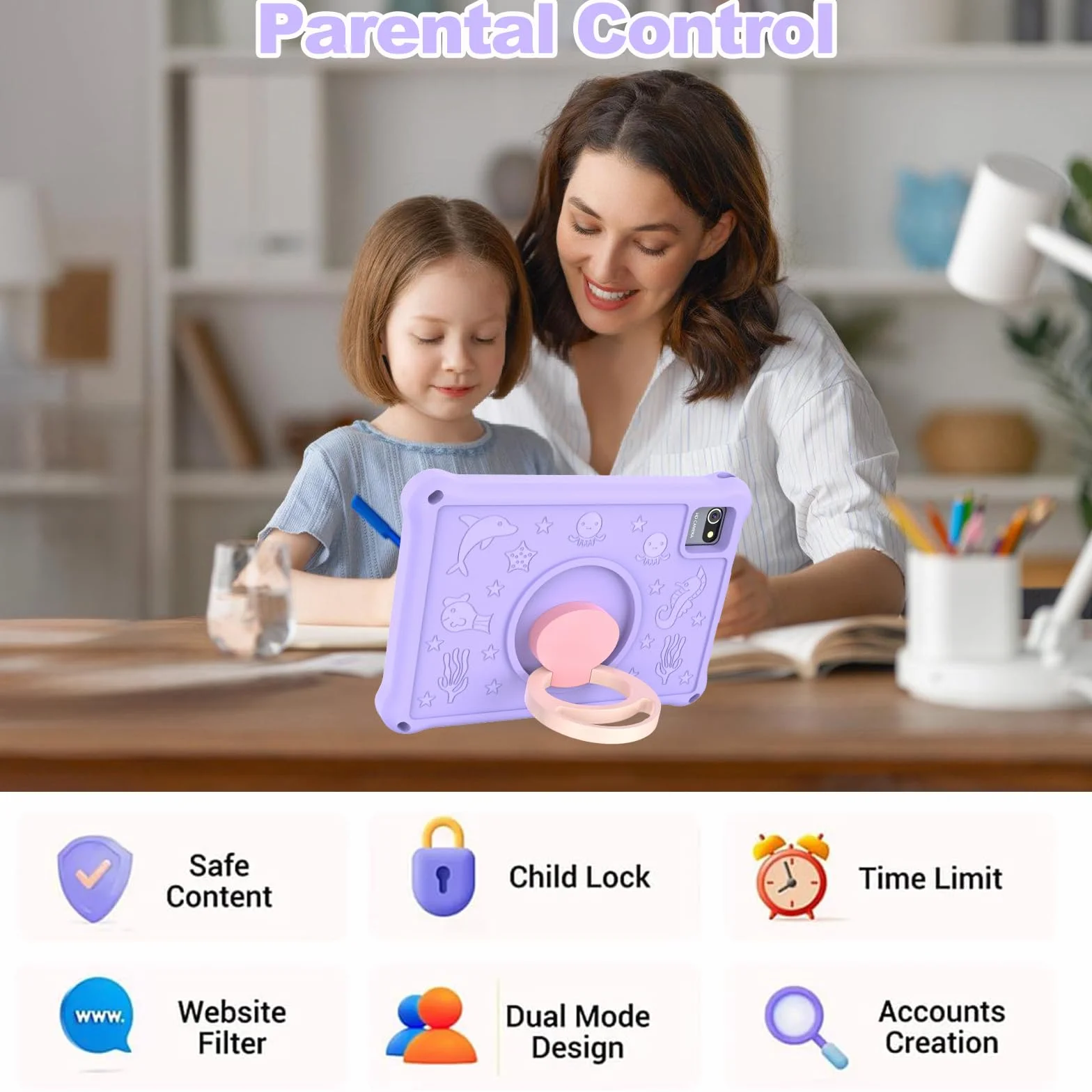 Tablet Bambini 10.1 Pollici, Android 13 Educativo per Bambini 8GB RAM 128GB Rom,Controllo Parentale,6000mAh,WiFi FHD 1280x800 per Tablet PC 3 a 6 Anni con Custodia,Viola