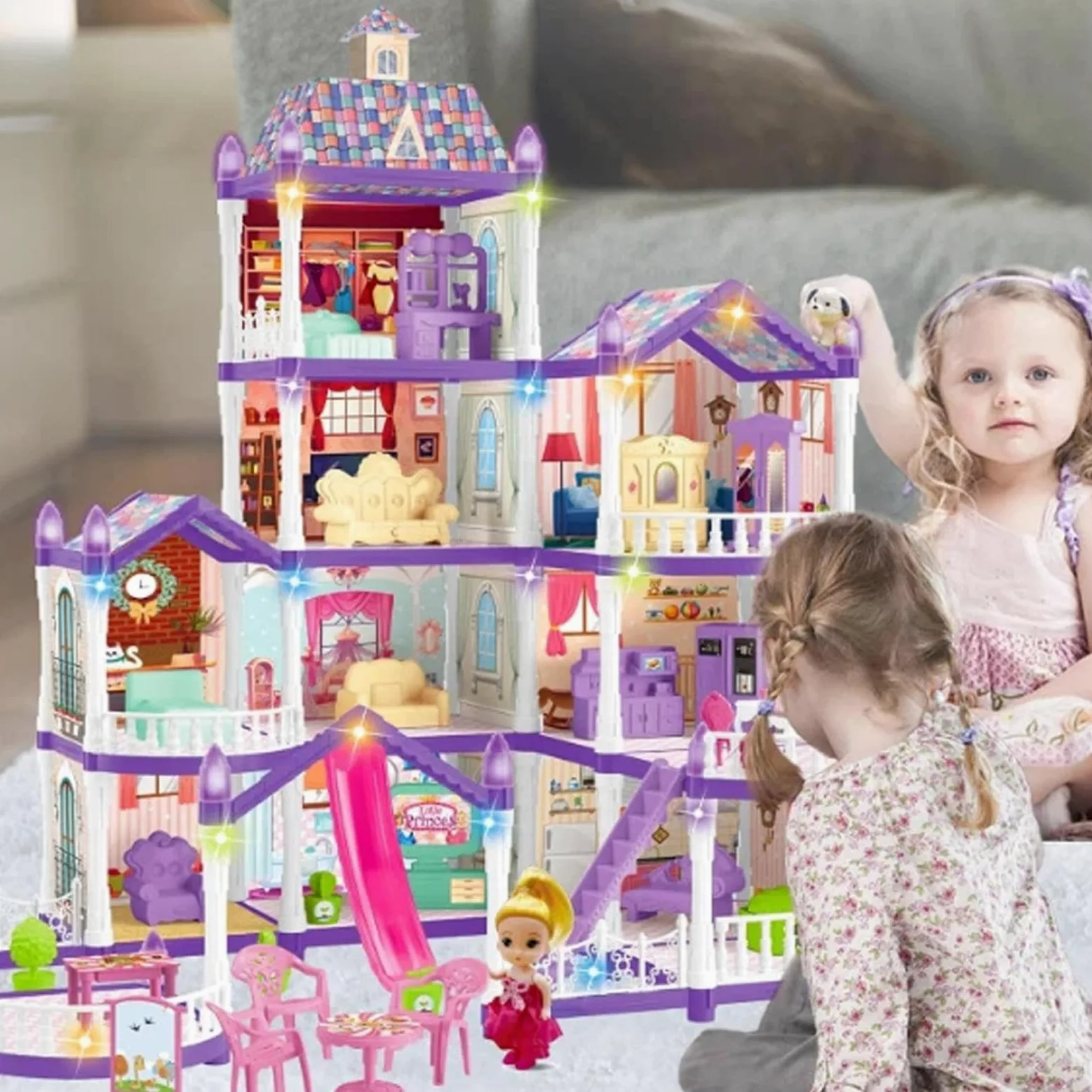 Casa Di Bambole Per Bambine 4 Piani 13 Stanze Villa Miniatura Da Montare | Set di Casa con 3 Principesse e 2 Cuccioli e Arredamento Per Bambine 4-6 Anni Ruolo Finzione