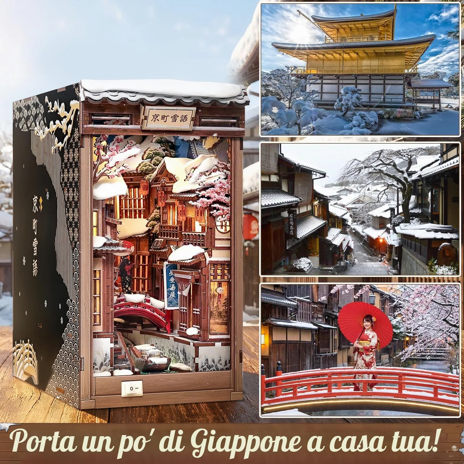 CUTEBEE Book Nook Kit - Casa delle bambole fai da te da costruire per adulti, puzzle 3D in legno con LED, scena invernale a Kyoto, decorazione per biblioteca, regali fatti a mano (Kyoto Snow Whisper)