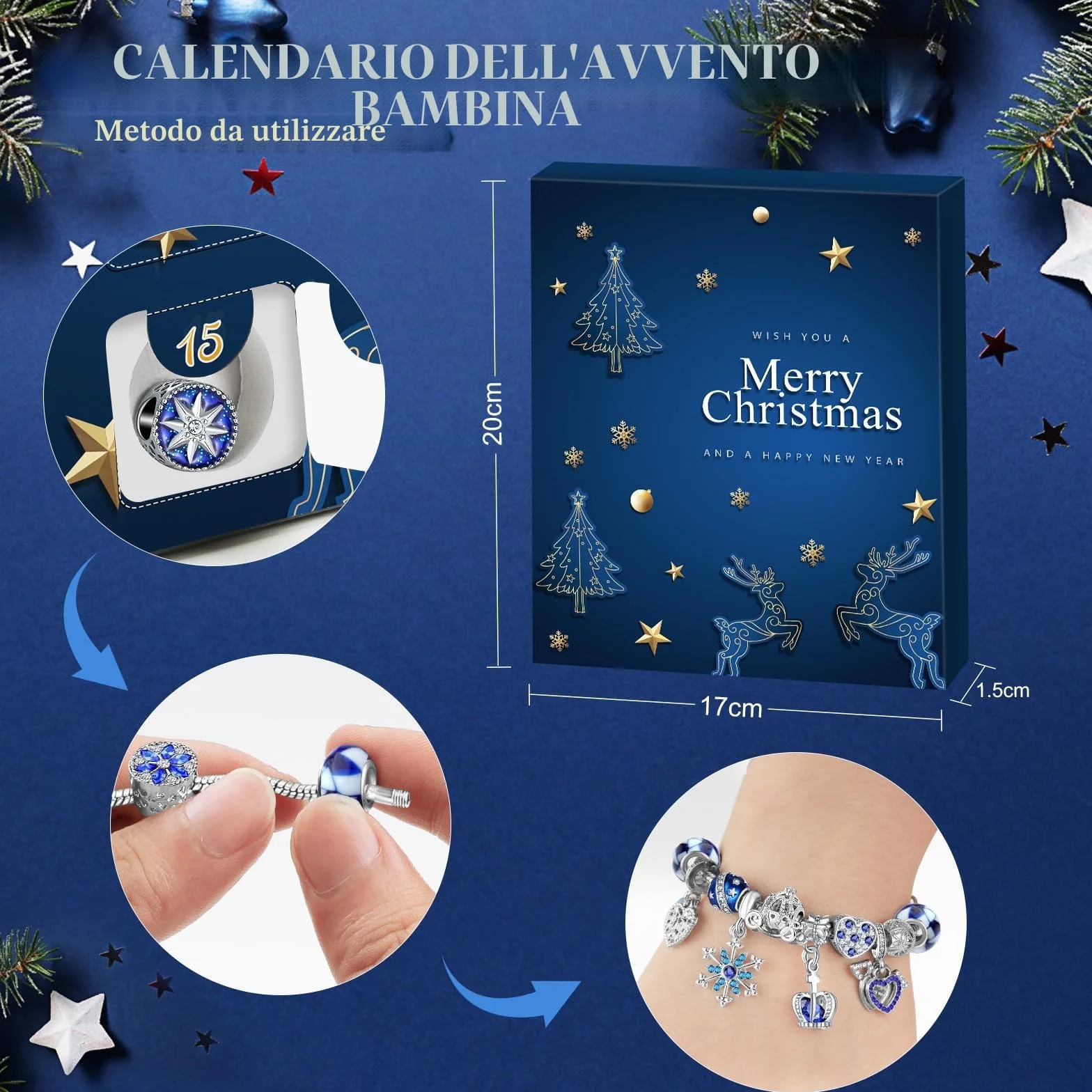 Calendario dell'Avvento 2025 Donna Gioielli Bracciale,Calendario Avvento Ragazza Sorprese Regali,Bambina Natalizi Ciondoli Kit 2 Catene 22 Charms Accessori fai da te Perline Blue