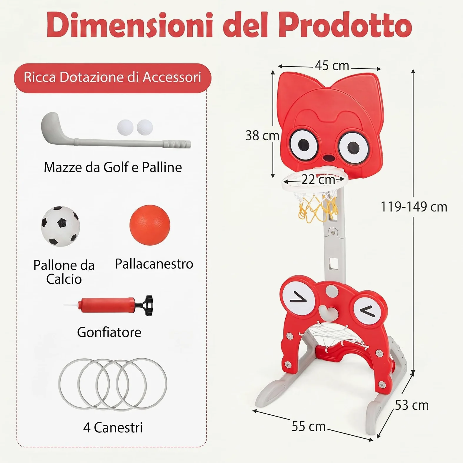 COSTWAY Canestro da Basket 4 in 1 per Bambini 3+ Anni, Altezza 118-148 cm | Centro di Attività Forma Volpe in HDPE con Golf, Calcio e Anelli da Lancio, Base Riempibile, per Cameretta e Asilo Nido