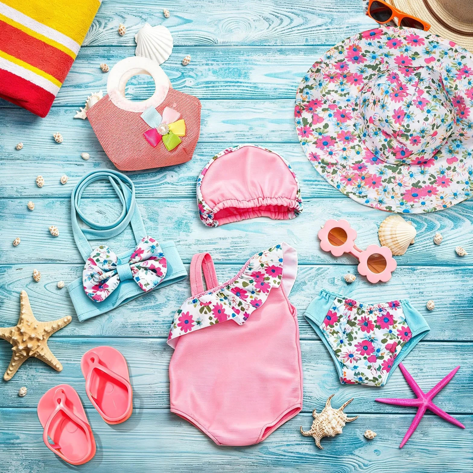Costume da Bagno per Bambole, Set di Nuoto per Bambole, Vestiti Bambola Estate con Costumi da Bagno, Occhiali da Sole,Cappello, Pantofole, Vestite Bambole Reborn per Bambole 35-45 cm
