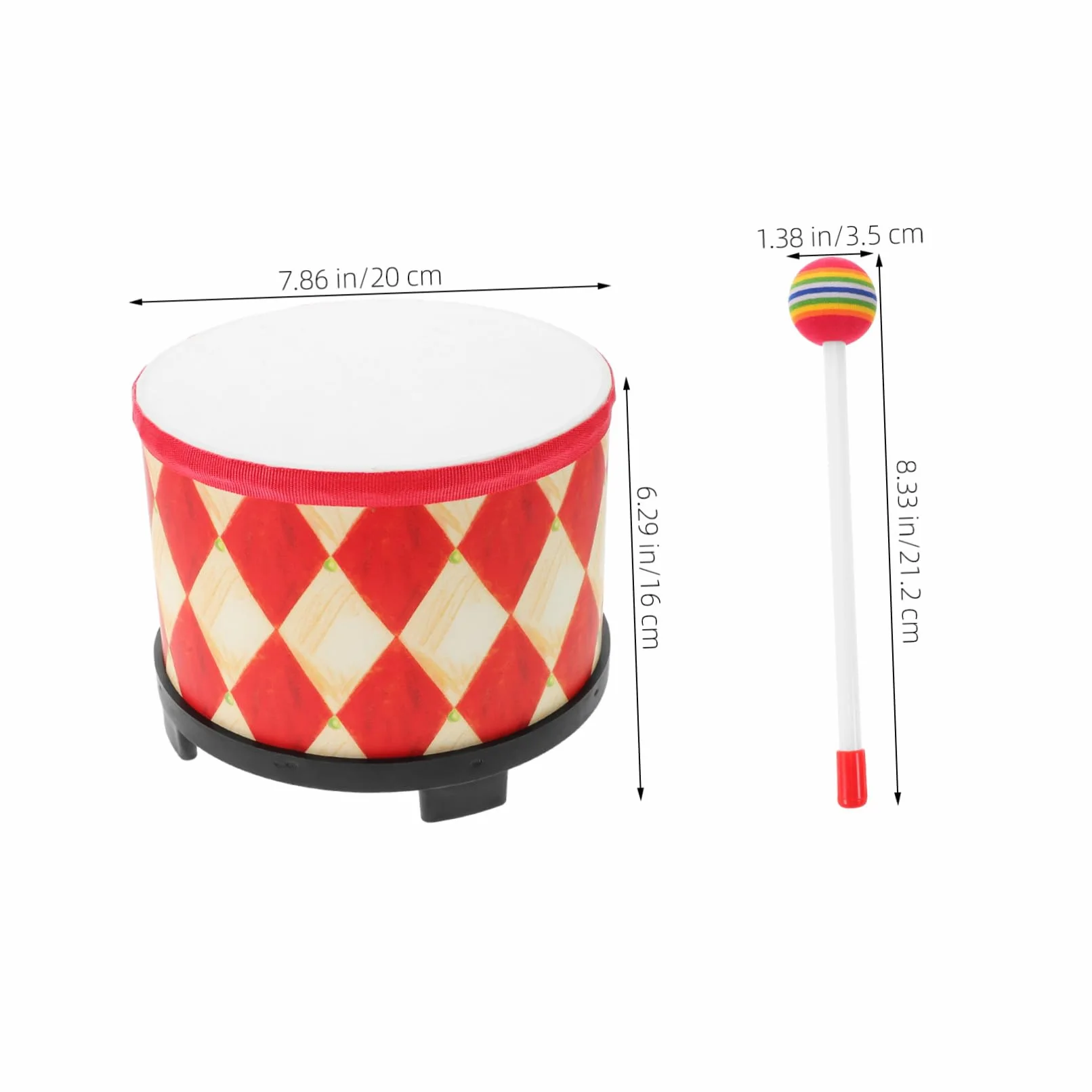 Tamburello a Mano Tamburo Musicale per Bambini Piccoli 20 Cm con Design Rosso a Griglia per Gioco Educativo Individuale e Attività di Gruppo