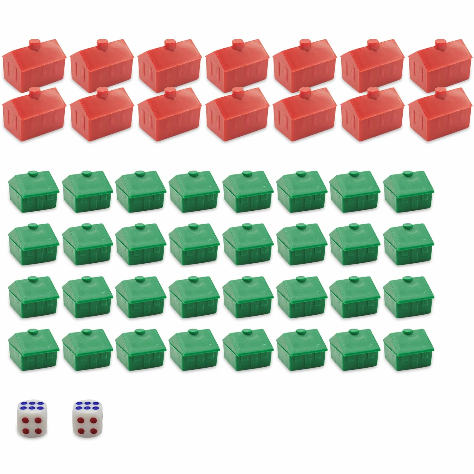 Monopoly Case & Hotel Set – 32 case verdi e 12 Alberghi rossi in plastica, pezzi di ricambio per Monopoly Classic, durevoli mattoncini da gioco e accessori per la serata di gioco (set casa)