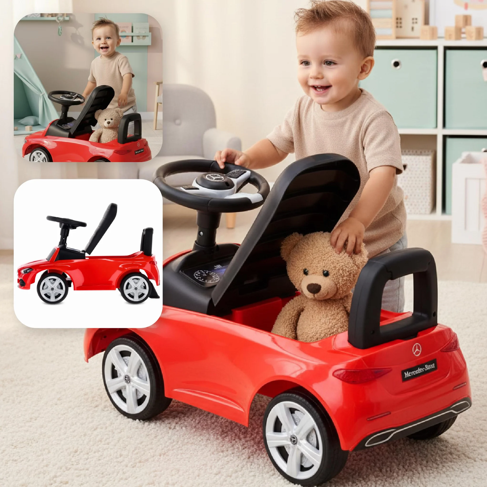 Sun Baby Macchinina Cavalcabile per Bambini 12 Mesi, Macchina a Spinta, Volante Audio, Sedile Schienale, Antiribaltamento Rosso