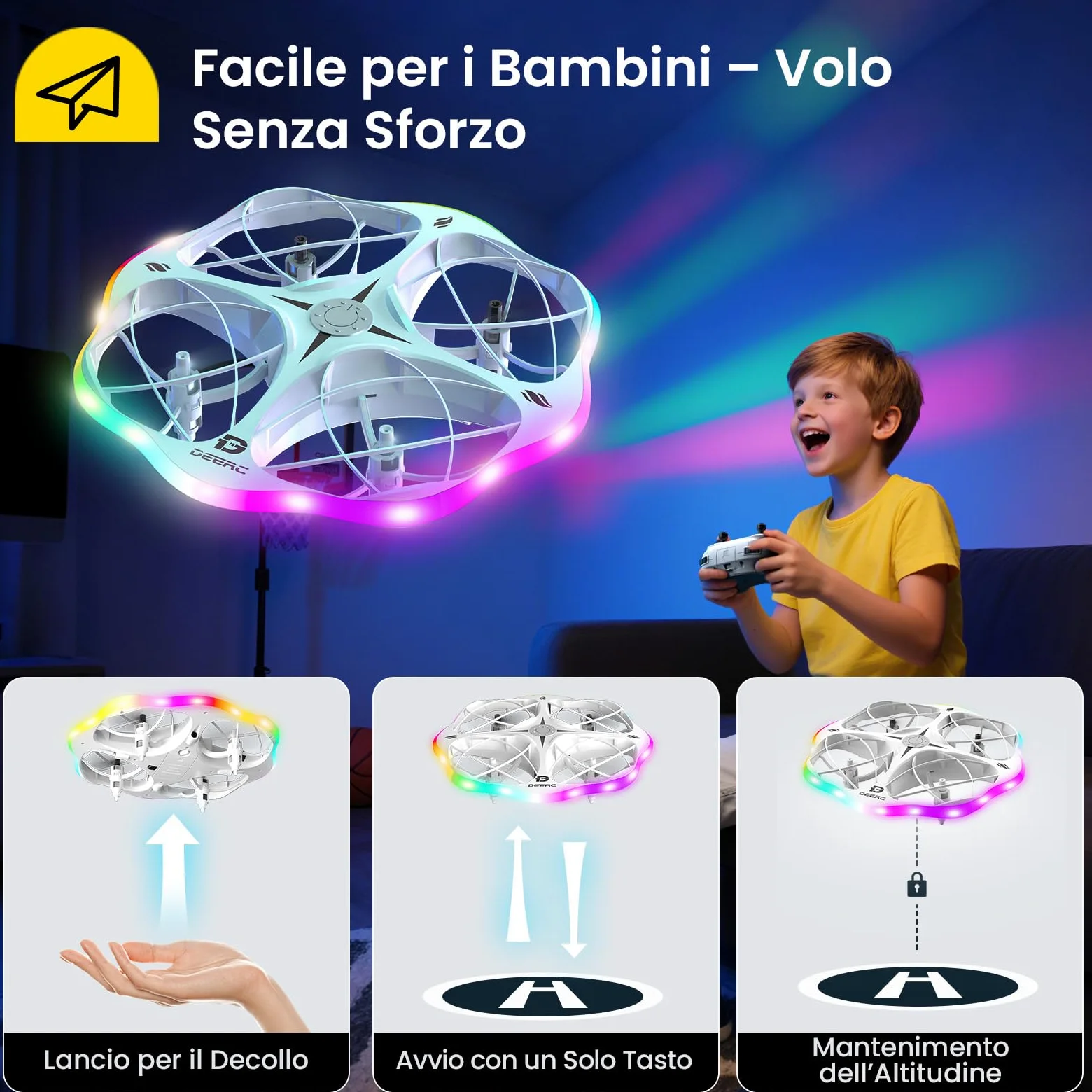 DEERC D13 Mini Drone per Bambini con 3 Batterie, Evitamento Ostacoli e LED | Mini UFO Facile da Usare con 6 Modalità LED, Lancio a Mano, Flip 3D, Regalo per Bambini 6-12 Anni