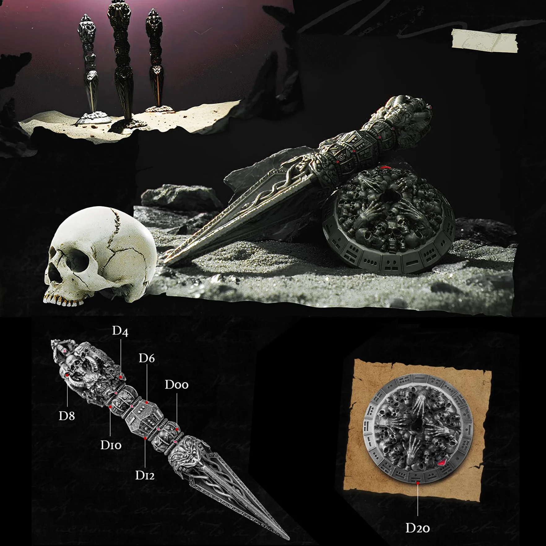 Wand Dice Dadi a bacchetta magica 7 in 1 per DND Dungeons and Dragons, dadi in metallo Fidget Spinner per D20 D12 D10 D8 D6 D4 D% collezione Goblin (nero)
