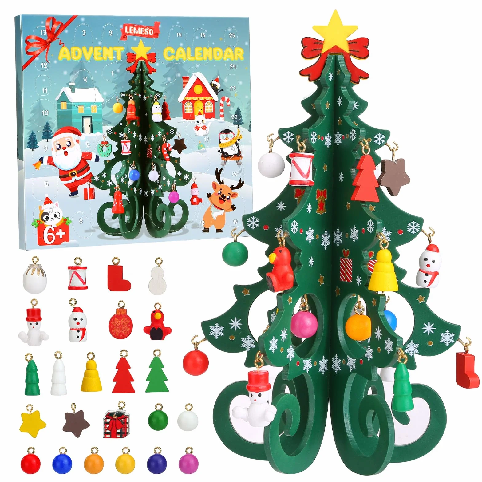 LEMESO Calendario Avvento 2025 Albero di Natale da Tavolo Piccolo Albero di Natale in Legno Calendario dell'Avvento con Miniature Pendenti Idee Regalo Natale Bambini Addobbi Natalizi