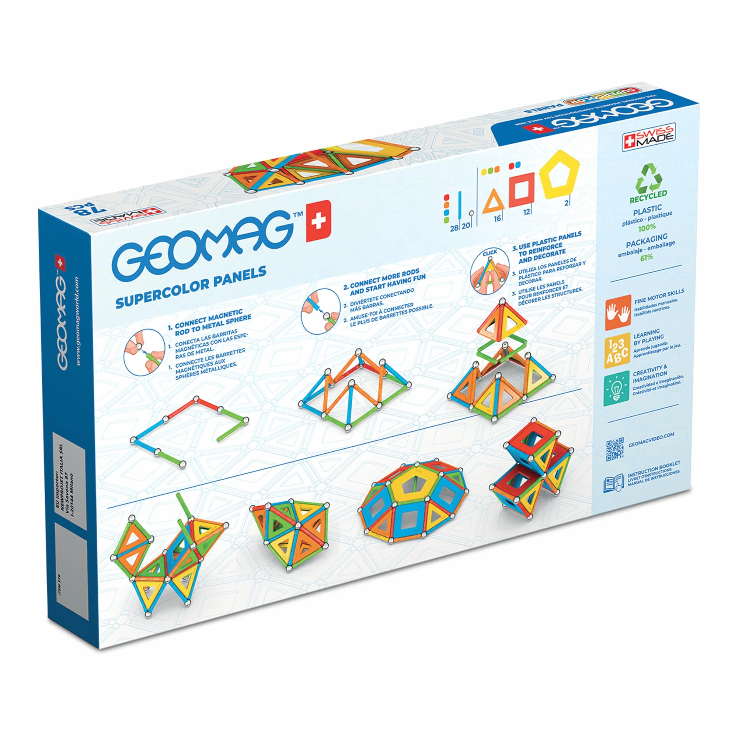 Geomag - Supercolor Costruzioni Magnetiche Per Bambini, Giocattolo Magnetico Linea Green 100% Plastica Riciclata, 78 Pezzi