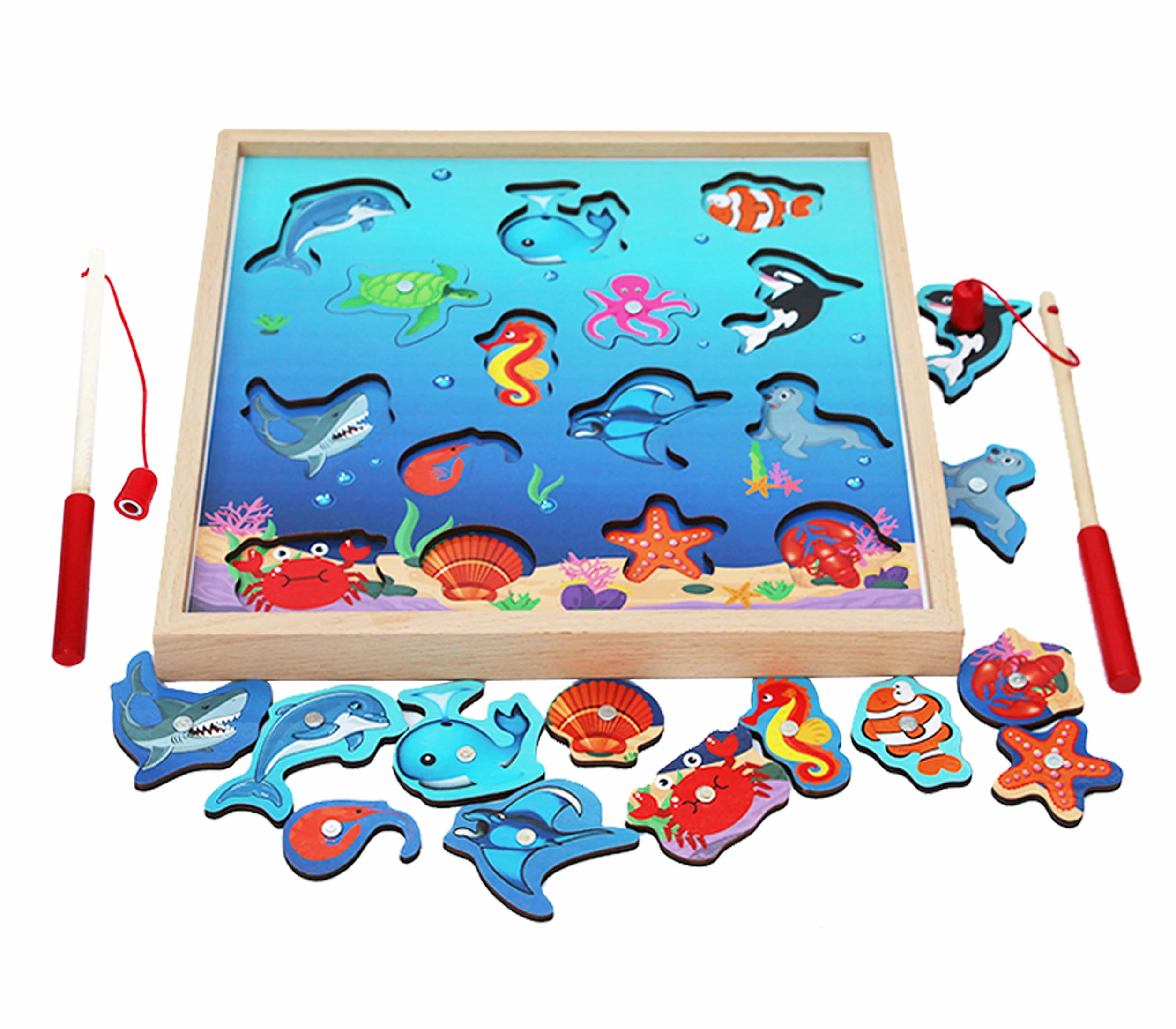 TOWO Gioco da Pesca in Legno Magnetico – include 15 Sagome in Legno con Calamita e due Canne da Pesca – Divertente Puzzle Gioco e Apprendimento Catena Alimentare – Per Bambini di 3 Anni