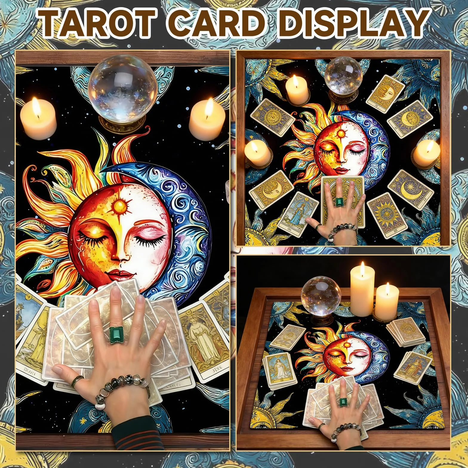 Tappeto per Tarocchi e Carte Oracle, Tovaglia per Altare Sole Luna, Accessorio Cartomanzia, 50x50 cm