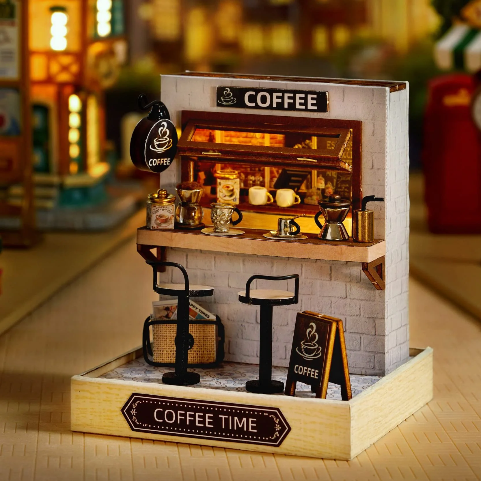 CUTEROOM Miniatura casa delle Bambole con mobili,Fai da Te in Miniatura Casa delle Bambole Kit,Mini 3D Casa in Legno con Luci A LED - Regalo di Compleanno di Natale (Coffee)