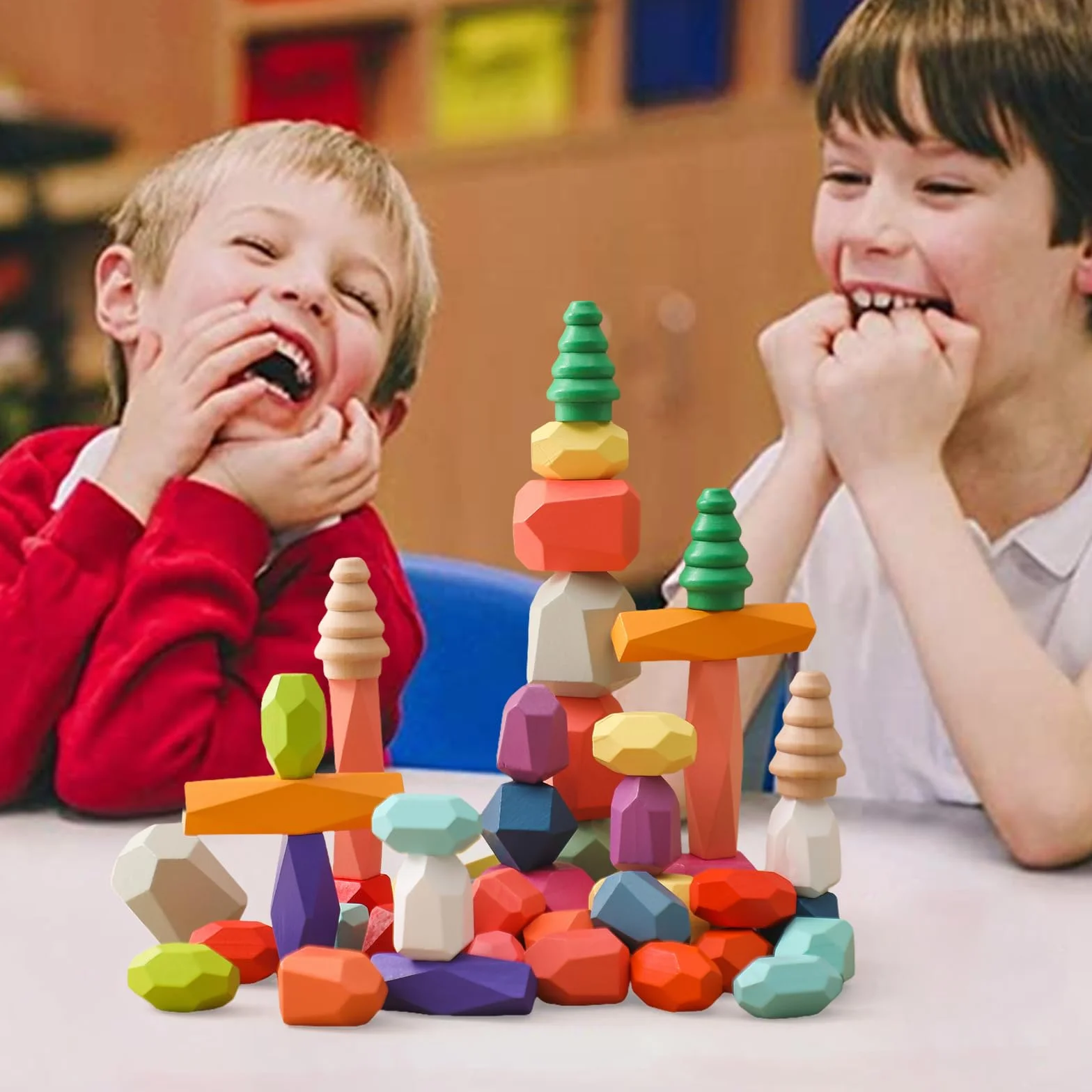Giocattoli Impilabili in Legno - Pietre di Bilanciamento Waldorf Natura Blocchi di Costruzione Arcobaleno - Montessori (48 Pezzi Set)