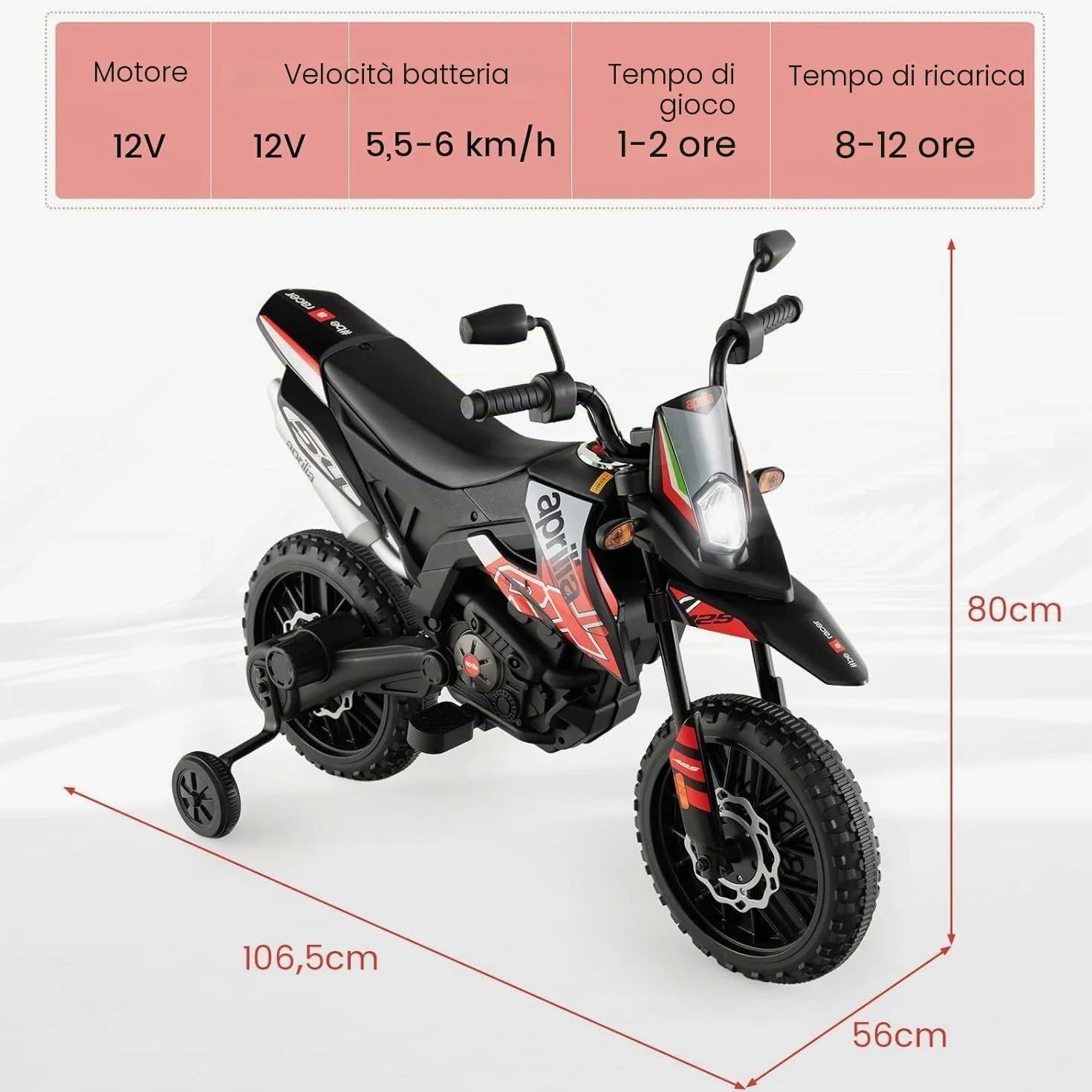 FANTASK APRILIA 12V MOTORE ELETTRICO PER BAMBINI 5.5-6km/h MOTO BAMBINI CON RUOTE DI SUPPORTO & MUSICA & FARI MOTO ROSSA E NERA PER BAMBINI DA 3-8 ANNI ROSSO