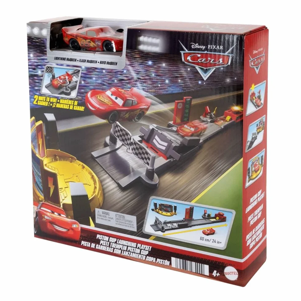 Mattel CARS - Pista di Lancio Piston Cup, set lungo 50+ cm con salti, acrobazie e 2 modalità di gioco, veicolo di Saetta McQueen incluso, giocattolo per bambini, 4+ anni, JDJ02