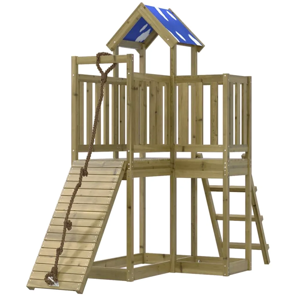 Torre gioco in legno di pino impregnato con piattaforma da 90 cm, rampa da arrampicata, scala e sabbiere, con tetto a nuvola e ringhiera di sicurezza per esterni